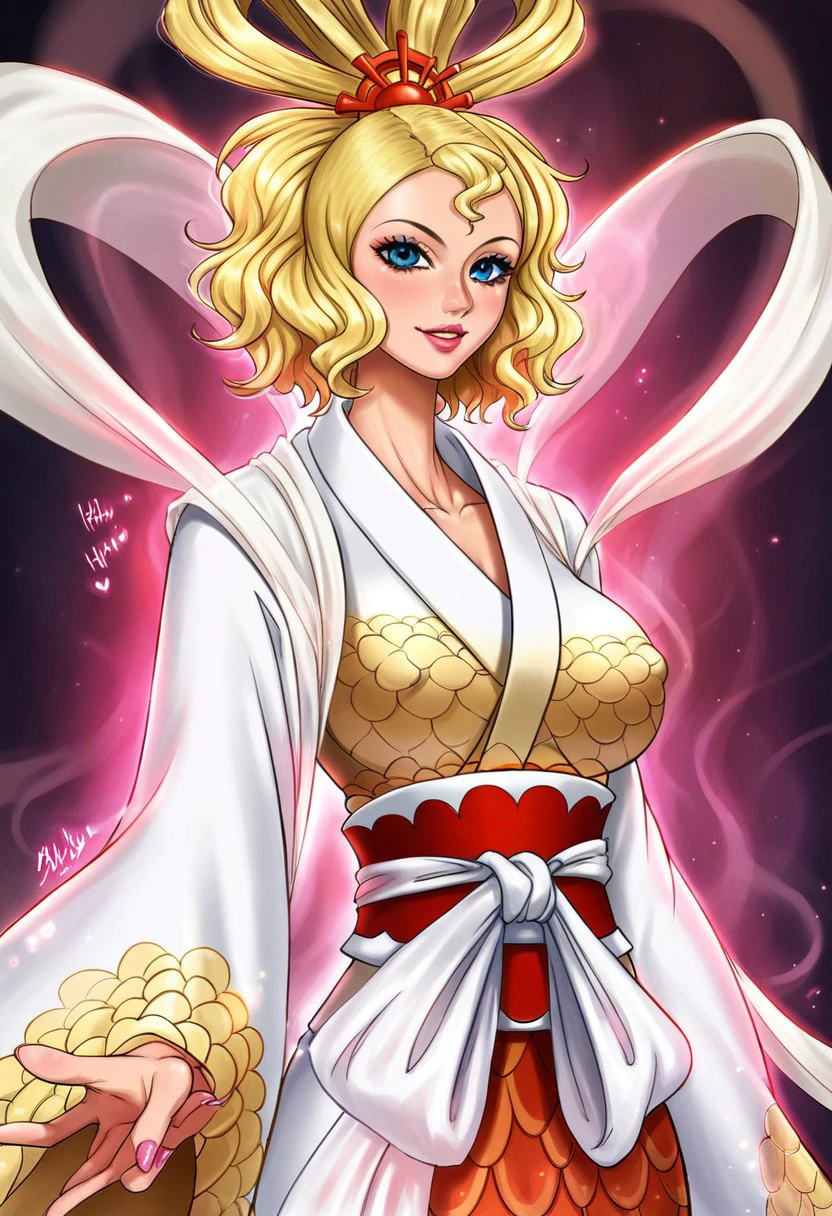 QueenOtohime, 1girl, solo, monster girl, mermaid, blonde hair, blue eyes, lips, makeup, lipstick, hair ornament, short hair, wavy hair, large breast, shawl, hair rings, japanese clothes, wide sleeves, sash, kimono, long sleeves, dress ornament, nail polish, ribbons, hagoromo, scales,seductive pose, sexy pose, tease, 
score_9, score_8_up, score_7_up, beautiful aesthetic, very intricate, high quality details,vibrant, highly detailed, award-winning, professional,anime artwork, anime style, studio anime, athletic, toned female,muscular milf,curvy body, athletic girl,fit girl, perky tits,huge breast,perfect tits, round breasts, nipple outline,looking at viewer, pinup pose,teasing, dynamic lighting, cinematic, smug, better than you, aura of temptation, highly detailed, high resolution, masterpiece, detailed clother, detailed background, highly detailed, ((sound effects)) comic layout,