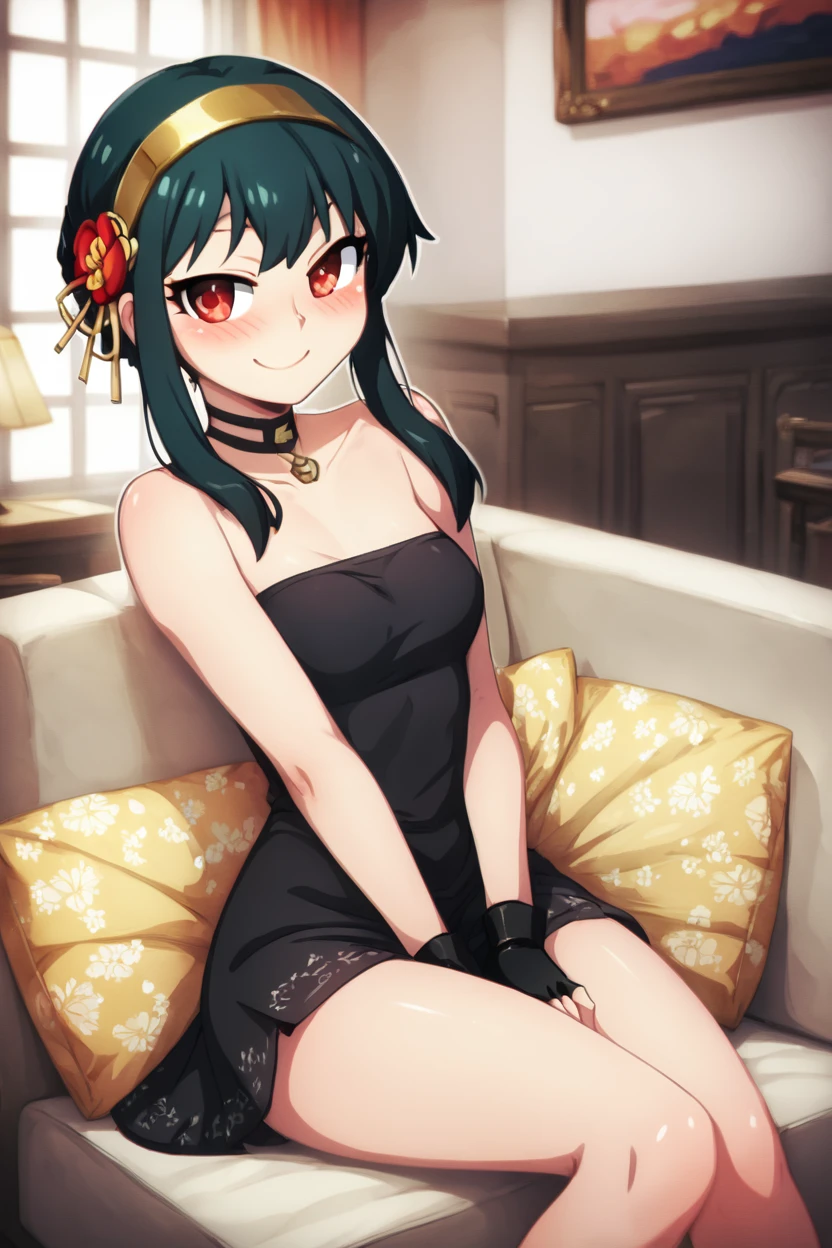 score_9, score_8_up, score_8, medium breasts, (curvy), cute, eyelashes,       BREAK, , BREAK, YorForger, 1girl, black hair, red eyes, short hair with long locks, gold hairband, hair flower, black choker, black dress, sleeveless, off shoulder, floral print, fingerless gloves, <lora:YorForgerXLpony004:0.8>,, ,,, hand between legs, blush, smug,  ,,,  smile, looking at viewer, blush, blurry, couch, sitting,   ,,, <lora:HaseYu_PDXL:0.8>, ,,,, BREAK,  smile, looking at viewer, cowboy shot,  embedding:zPDXL, Expressiveh, <lora:SDXLFaeTastic2400:0.5>,  <lora:Expressive_H-000001:0.4>,