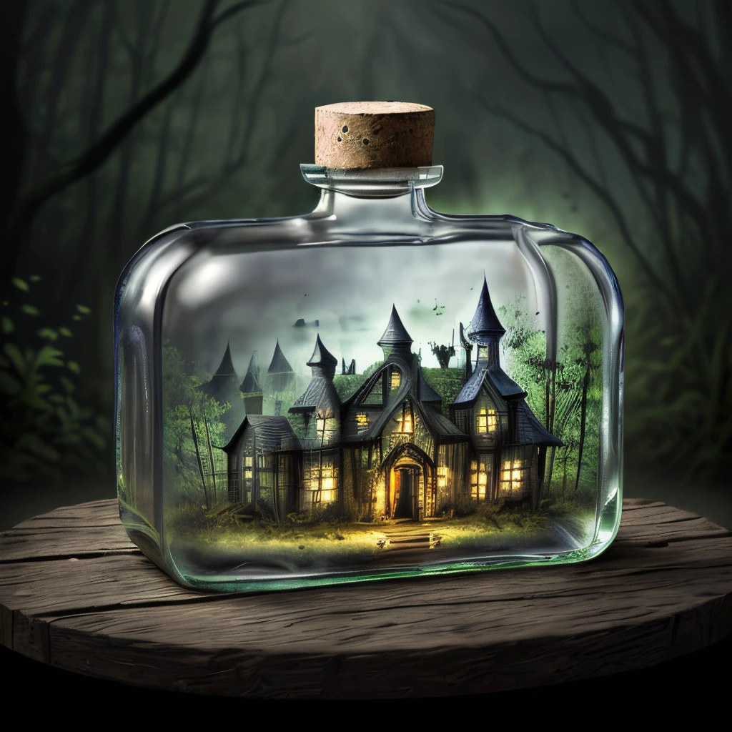 masterpiece, enchanted swamp, haunted house in a glass bottle,  <lora:GlassBottle:0.7>