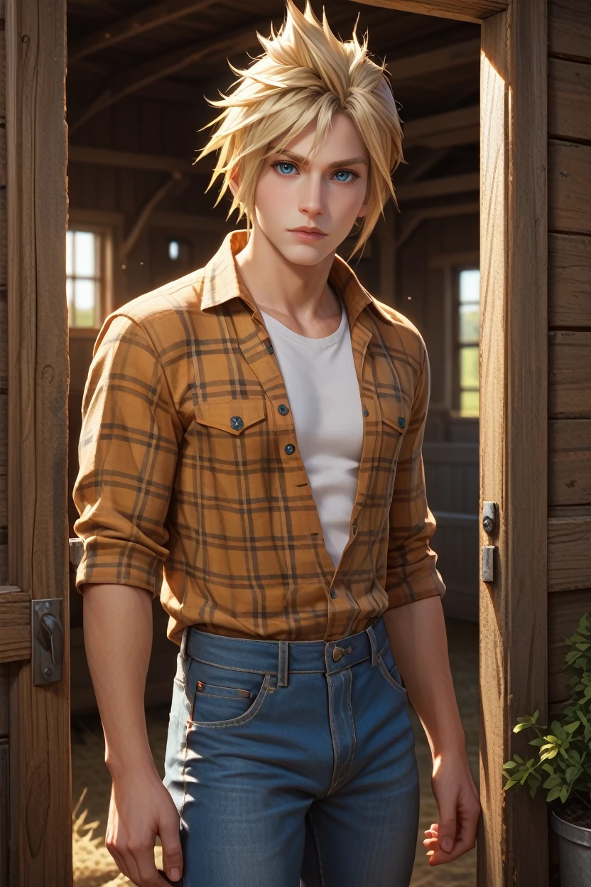 score_9, score_8_up, score_7_up,
<lora:FFCloud:0.8>
FFCloud, 1boy, blonde hair, spiked hair, blue eyes, looking at viewer, leaning against a rustic barn door, wearing a flannel shirt and jeans, golden fields in the background, late afternoon light, warm and inviting mood