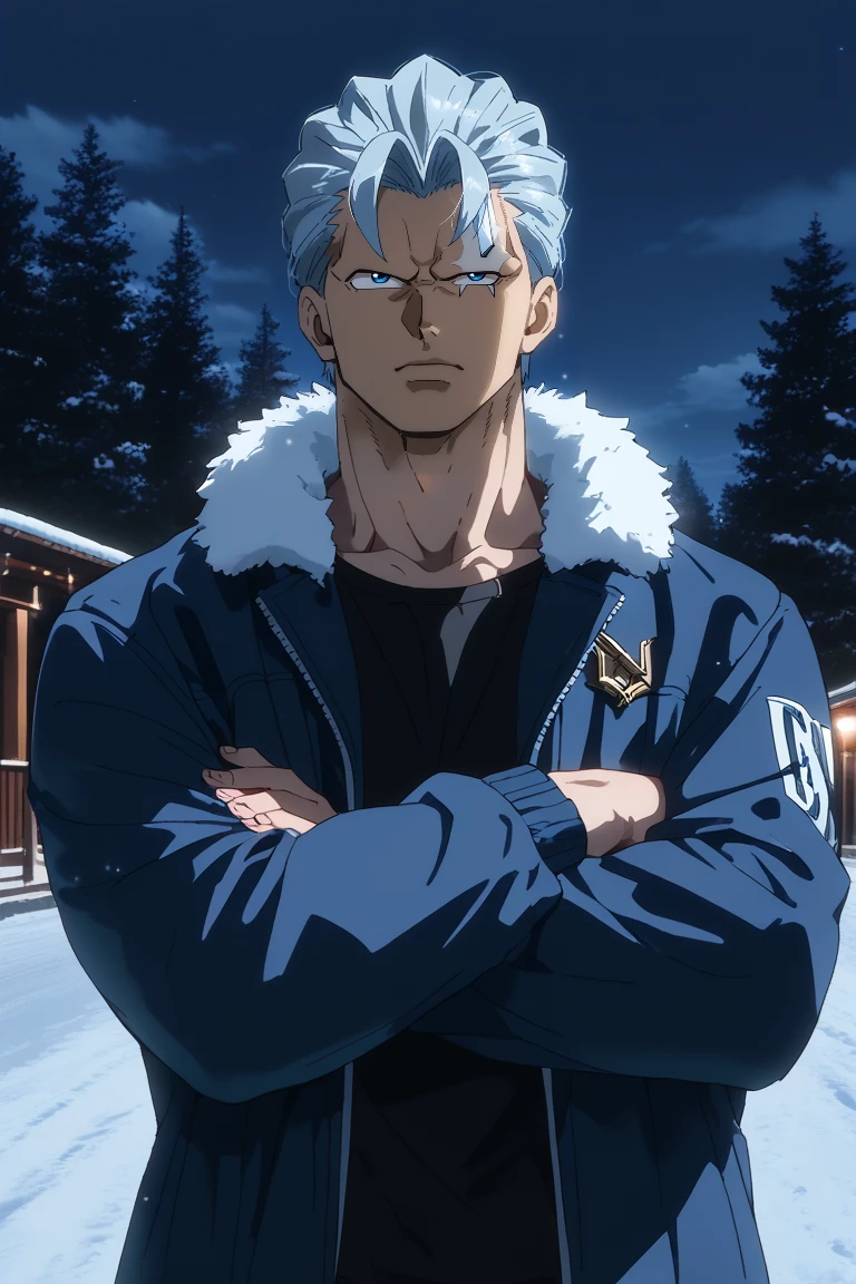 score_9, score_8_up, score_7_up, source_anime, rating_safe, night, dark, moonlight, natural lighting, male focus, manly, crossed arms, AndyUU, grey_Andy_slicked back hair, blue_Andy_eyes, white_Andy_forehead mark, white_Andy_glass on forehead, jacket, fur trim, winter clothes, serious, 1boy, blurry outdoors snow, dutch angle,, intricately detailed illustration, realistic shading, atmospheric perspective, depth of field