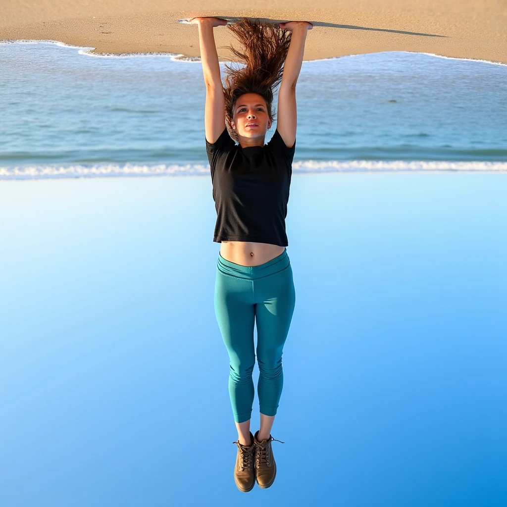 The image shows a woman performing a handstand on a beach next to the ocean, with her arms extended and her body aligned vertically. She is wearing a black t-shirt, teal yoga pants and brown military boots. Due to the inversion, the ocean and sand are above her, making it appear as if she is reaching up toward the shoreline. Her hair appears to be lifted upwards as if by gravity. The clear blue sky is now below her feet, enhancing the visual effect created by the inversion. The bright and colorful scene contrasts sharply with the unusual orientation.