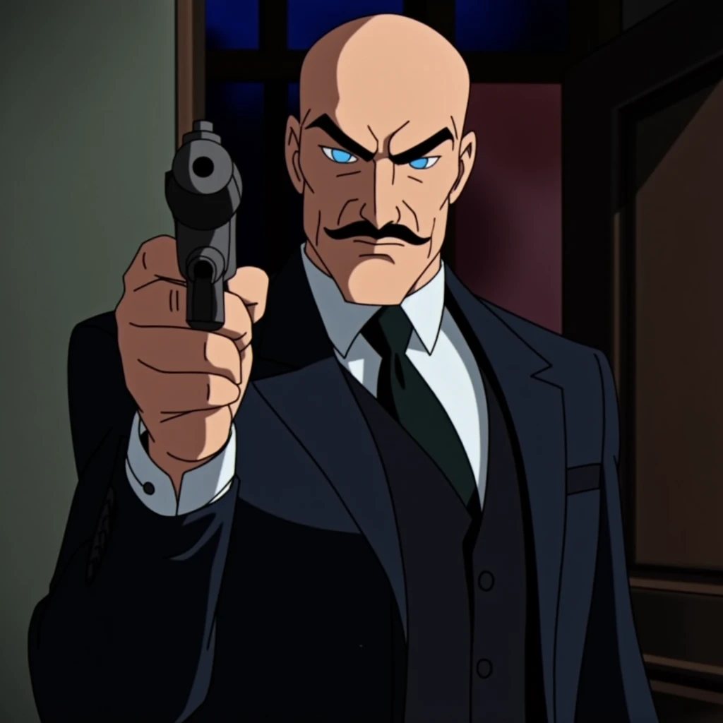 <lora:cartoon batman animated style v1:0.6>
Alfred Pennyworth a bald man with a mustache in a suit holding a gun In Gotham City, solo, looking at viewer, blue eyes, shirt, black hair, 1boy, holding, jacket, upper body, male focus, weapon, necktie, indoors, holding weapon, vest, gun, facial hair, thick eyebrows, formal, suit, holding gun, black necktie, handgun, mustache, very short hair, bald, aiming, white shirt, teeth, collared shirt, black jacket, parody