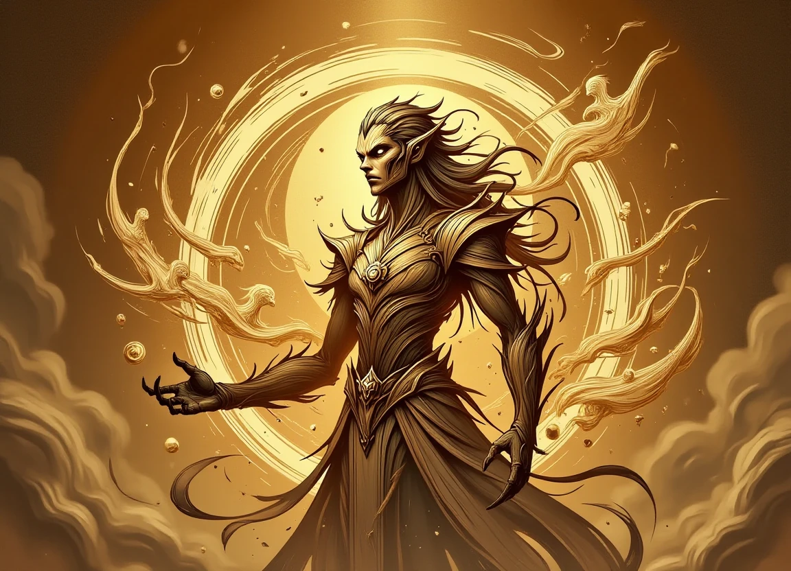 a majestic male warlock surrounded by radiant soft golden light that emanates warmth and a sense of peace, with gently floating ethereal figures and symbols in the air, filling the space with an aura of hope and sanctity.