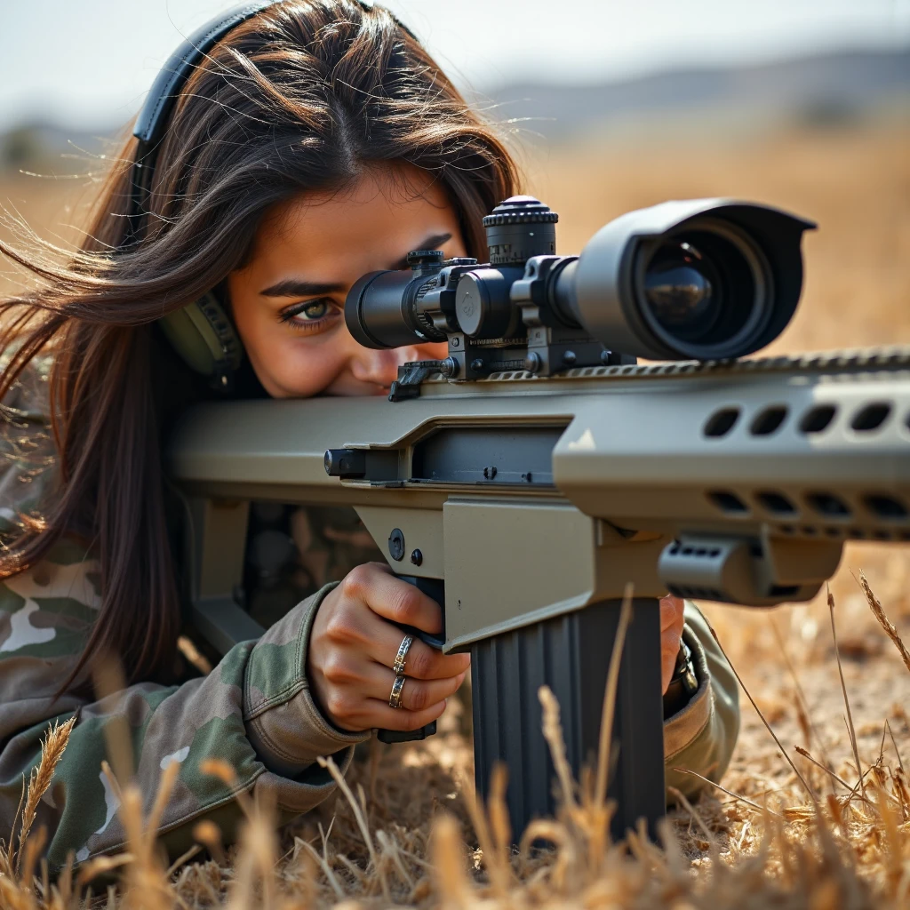 realistic photo of liluhs, a woman, she aims a Barrett M82, <lora:Barrett_M82:1>, weapon, gun, rifle, sniper rifle, scope, military, <lora:Liluhs:0.9>