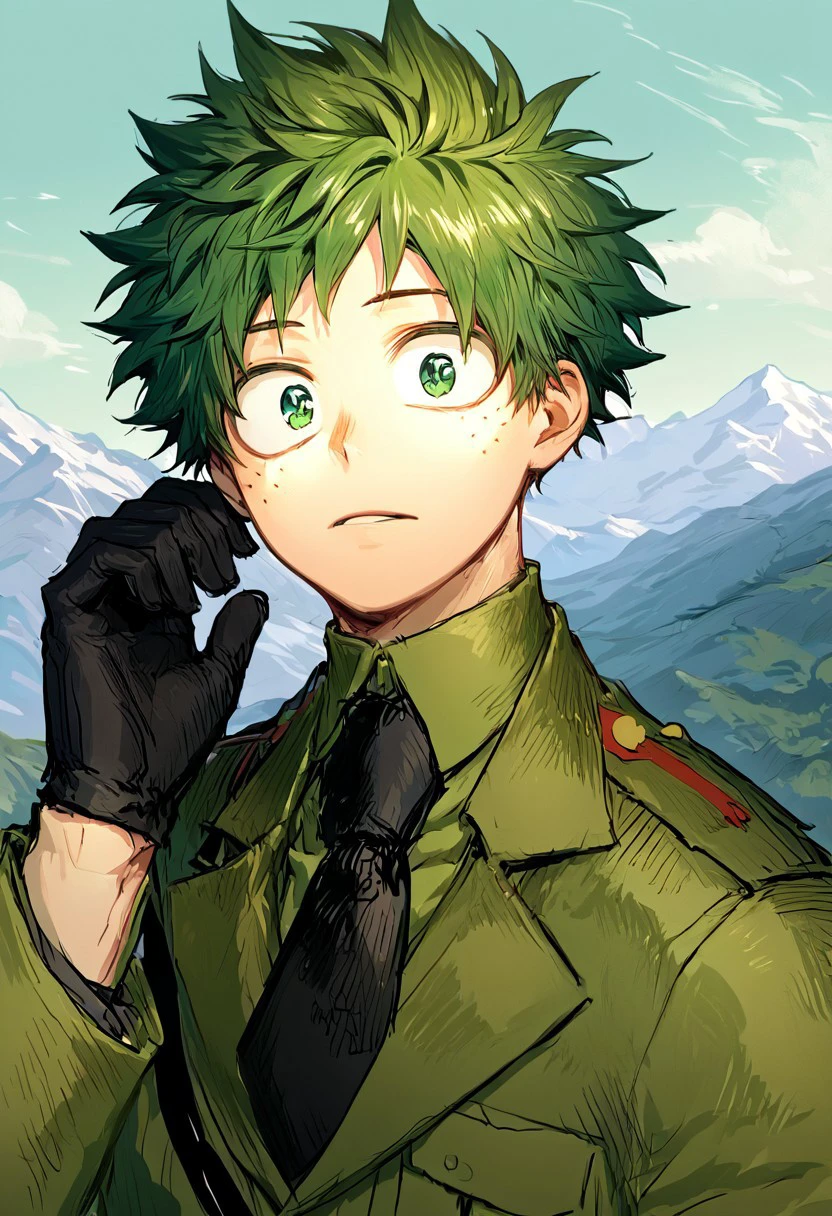 score_9, score_8_up, source_anime, highly detailed, highly detailed eyes, 
 black necktie, male focus,black gloves,solo, military, military uniform,deku,green hair,green eyes,short hair,freckles,professional portrait, mountain, nature,mountainous horizon,