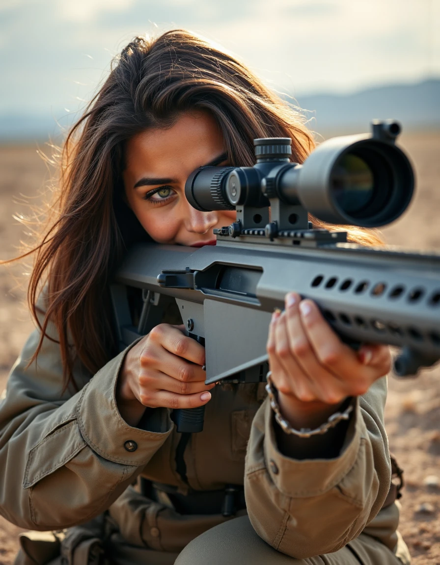 realistic photo of liluhs, a woman, she aims a Barrett M82, <lora:Barrett_M82:1>, weapon, gun, rifle, sniper rifle, scope, military, <lora:Liluhs:0.9>