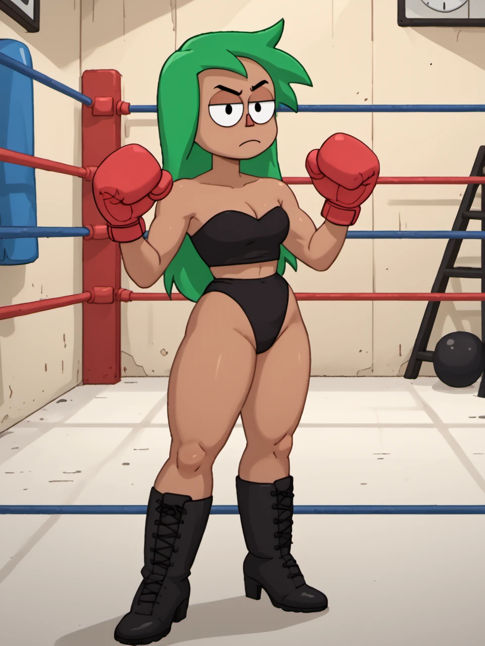 (1girl:1.2), Silver hair, human, (dark skin, Brown body, brown skin:1.2), (Best Quality, Masterpiece:1), fully dressed, Huge-breasts, red t-shirt, (roxanneshirt:1.3), (Roxanbottom:1.3), Belt with spikes, Hand warmers, spiked collar, action pose, open mouth, (Yellow eyes:1.2), (Rock concert scene background:1.0), Octane Render, thick hips