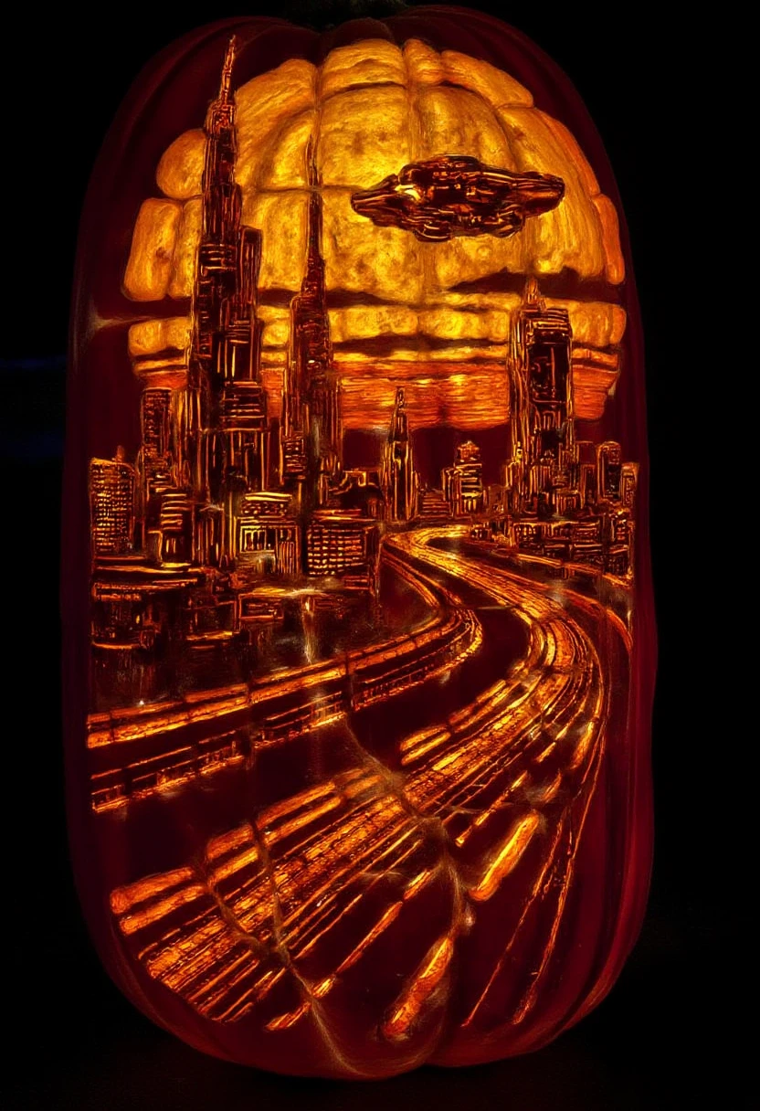 A large pumpkin sculpture of a futuristic cityscape, where buildings rise into the sky, and flying vehicles zoom past, all etched with intricate lines. The pumpkins' organic texture contrasts with the sleek, technological forms, creating a sense of harmony between nature and futuristic design. Like concept art from a utopian science fiction film.