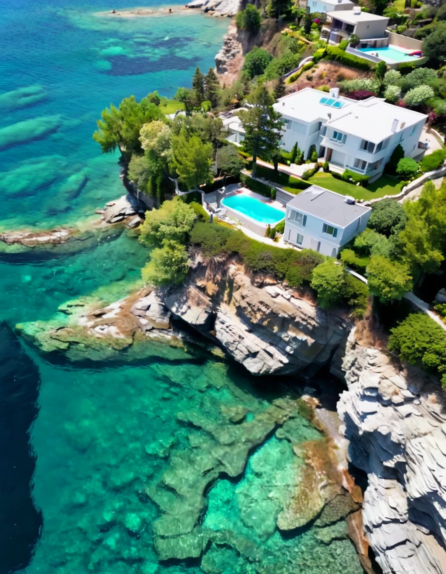 <lora:Hallett_Aerial_Greece_v1:0.85> clear, beautiful, detail, white house,  water, trees, pathways, beach, pool, small rocky shore, small rocks, boat, trees, cliff, shrubs, reece, view from above, pool, sharp detail,