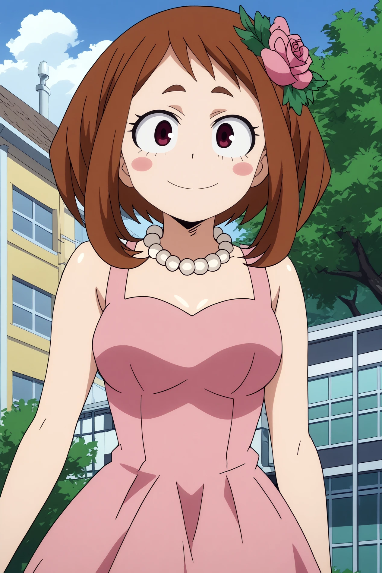 ochaco uraraka,1girl,solo,blush stickers,short hair,sidelocks,breasts,medium breasts,looking at viewer,hair flower,hair ornament,jewelry,pearl necklace,pink dress,smile,good_hands BREAK outdoors,open field,tall trees,school buildings, light breeze,city,tokyo   <lora:Ochaco_Uraraka_-_My_Hero_Academia.safetensors:0.8>