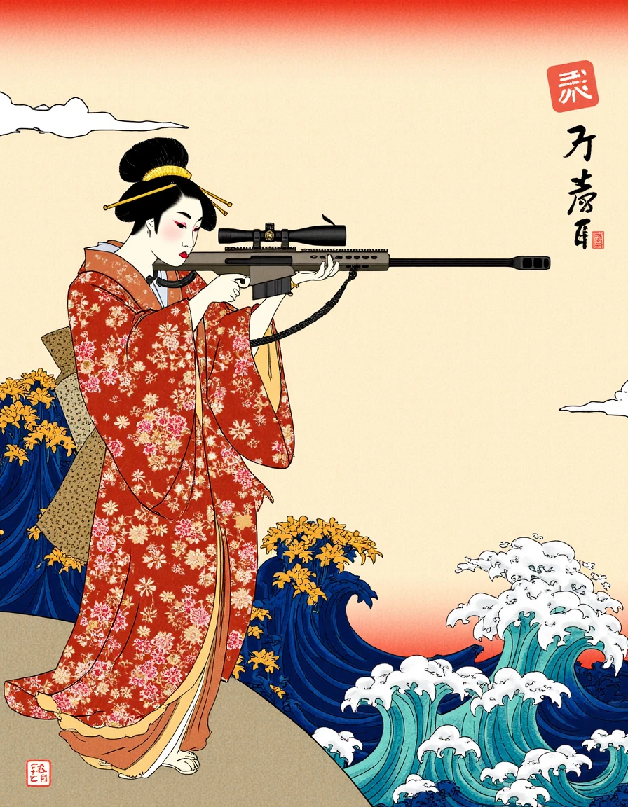 This is a work of ukiyo-e. A beautiful geisha wearing an ornate kimono aims a Barrett M82, ocean in the background, surreal art, <lora:flux-ukiyoe:0.75>, <lora:Barrett_M82:1>, weapon, gun, rifle, sniper rifle, scope, military