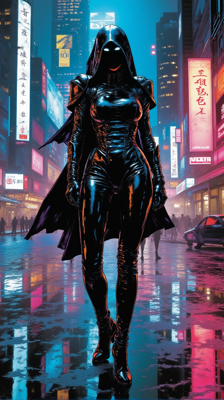 A mysterious female figure stands silently, shrouded in sleek futuristic armor. Neon lights flicker against her reflective outfit as she moves through the dark, rain-soaked streets of a towering cyberpunk city. Her presence feels ethereal, as if she's both there and not, blending into the pulse of the metropolis. She carries a sense of hidden power, her glowing eyes scanning the landscape. Surrounded by towering skyscrapers and electric billboards, she moves with an elegance that contrasts with the chaos around her. A blend of avant-garde style and high-tech fashion, anime-inspired, with a whisper of secrets in the air. QVL style