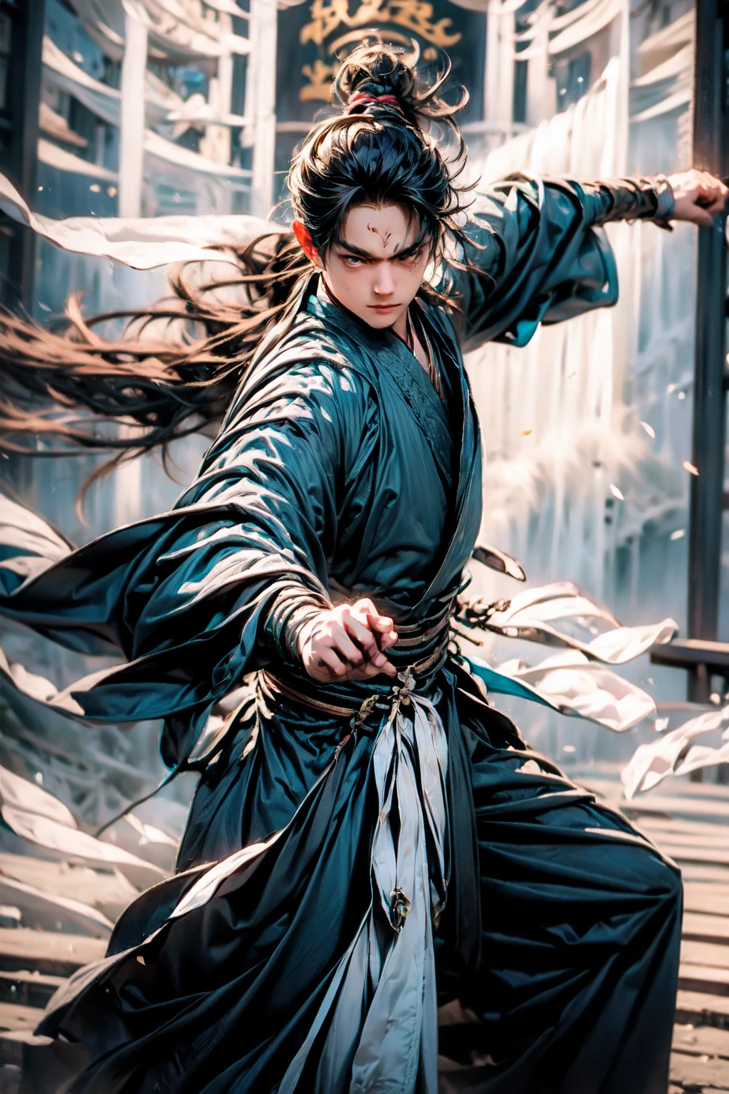 1boy, male focus, long hair, white hair, looking at viewer, forehead mark, purple eyes, robe, lips, closed mouth, (black robe:1.2), martial, action pose, dynamic shot, outdoor, bokeh,
<lora:add_detail:1>, <lora:AsianMan004-000009:0.9>,  <lora:åV5:0.8>, <lora:20240303-1709445911159:1>,<lora:martial_20231207131810:0.8>, Cinematic photography, movie mood, cinematic light, compelling composition, storytelling elements, conveys emotion, mood, and narrative depth, creating visually striking images that feel like still frames from a film