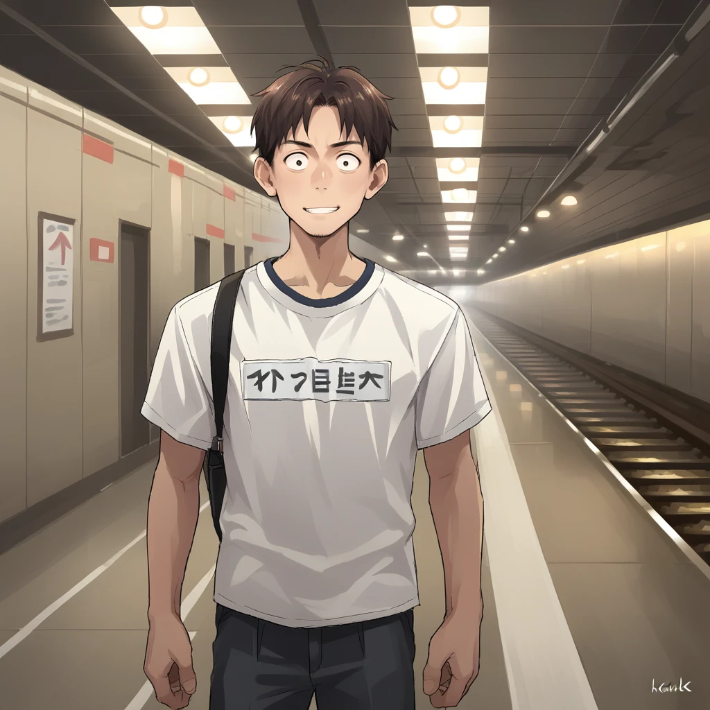 score_9, score_8_up, score_7_up, score_6_up, score_5_up, score_4_up, zPDXL2,source_anime,rating_questionable,1boy, khakis, shirt, solo, tourist, confused, cowboy shot, smile,  <lora:Subway_Station:0.8> sbw4y, indoors,railway tracks, lights, signs, shinkansen, bullet train