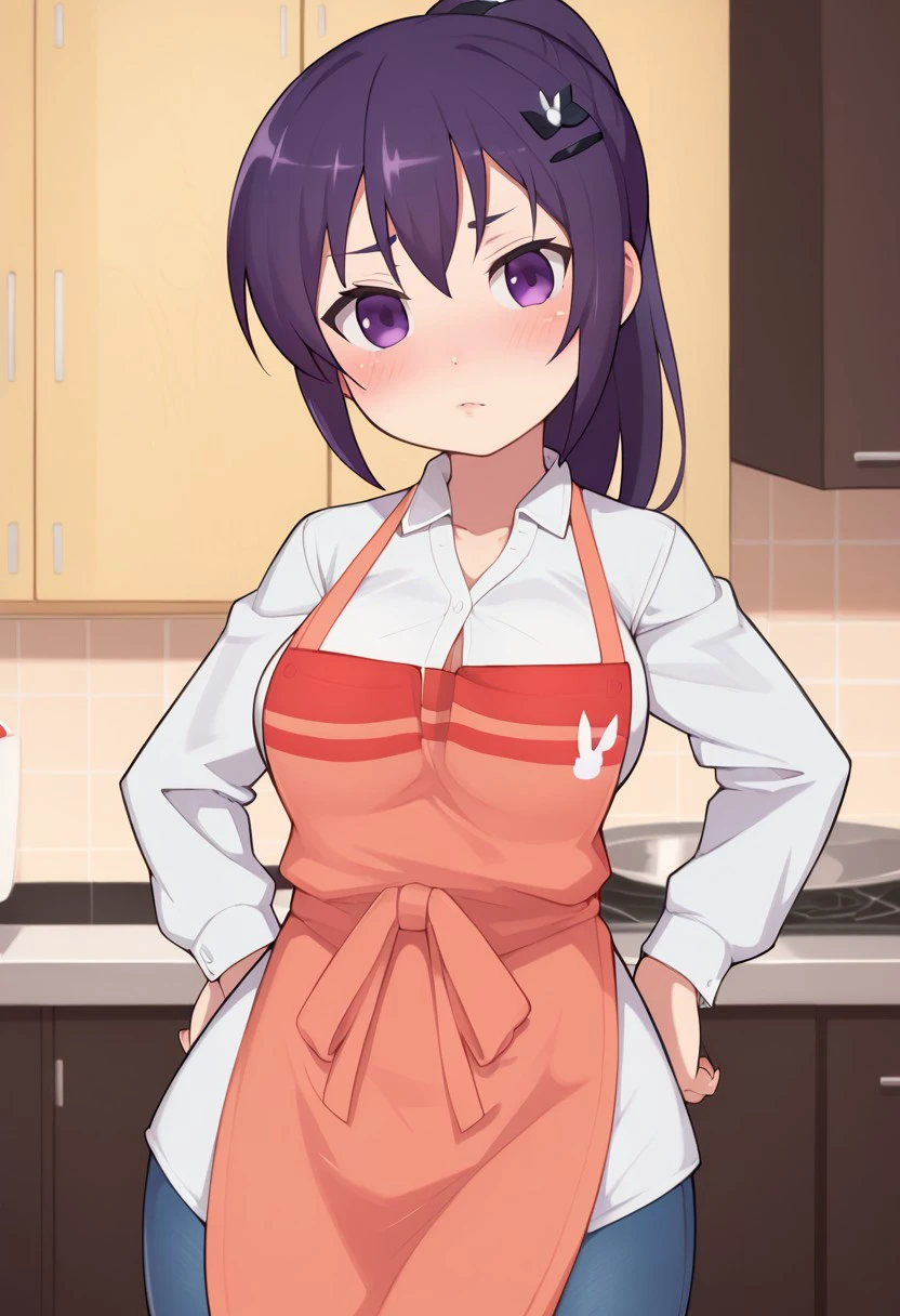 score_9, score_7_up,1girl, looking at viewer, blush, breasts,(purple hair, purple eyes, ponytail, hair ornament, rabbit hair ornament, apron, white dress shirt, jeans), looking at viewer, solo, highres, zPDXL3, detailed face, head tilt, tilted head, short, short girl, ((front view)), standing, confident, short stack