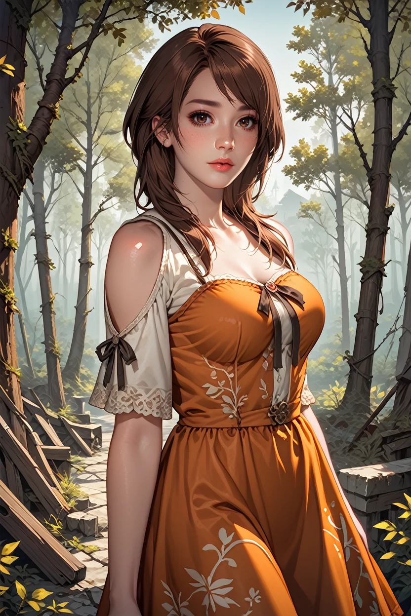 score_9, score_8_up, score_7_up,
<lora:FFyuri:0.8>
FFyuri, solo, 1girl, brown hair, brown eyes, looking at viewer, wearing pff-shoulder dress, Abandoned village in the forest, overgrown and eerie