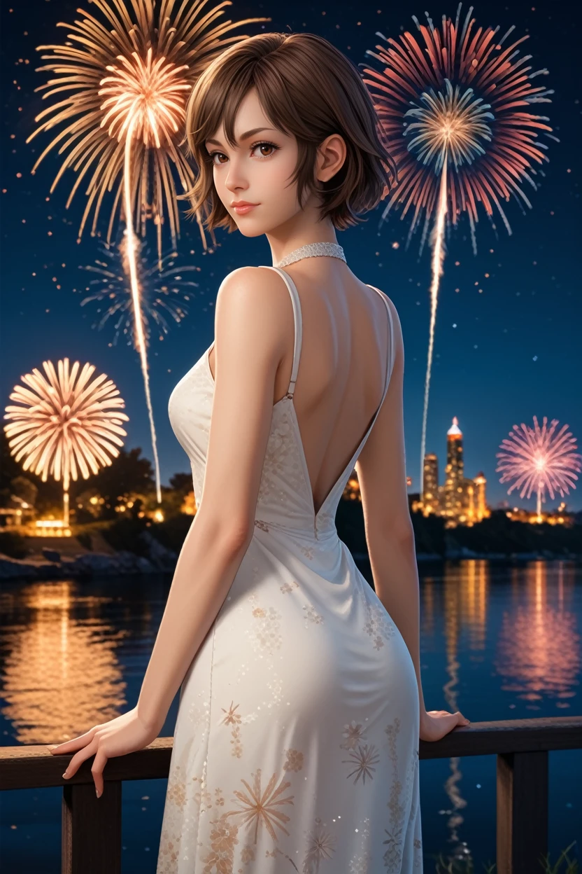 score_9, score_8_up, score_7_up,
<lora:FFIris:0.8>
FFIris, 1girl, brown hair, brown eyes, short hair, looking at viewer, from behind, cowboy shot, dress, looking back, fireworks, at night