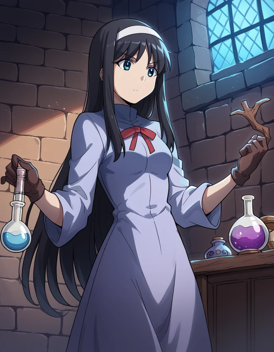 score_9, score_8_up, score_7_up, source_anime, <lora:carnivalphantasm-akiha-toono-ova-ponyxl-lora-nochekaiser:1>, akiha toono, tohno akiha, long hair, blue eyes, black hair, hairband, white hairband, medium breasts,, <lora:wizard-ponyxl-lora-nochekaiser:1>, wizard, wizard hat, robe, dress, long sleeves, gloves,, indoors, bricks, potion, flask, vial,, cowboy shot,, , dutch angle, cowboy shot