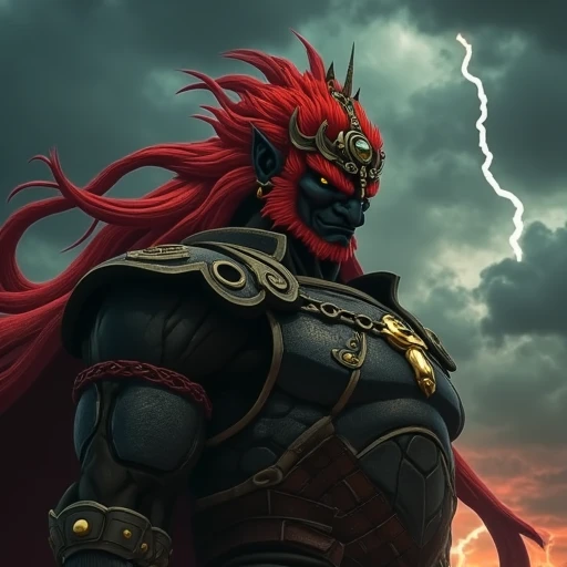 A hyper-realistic photograph of Ganondorf, showcasing his powerful and intimidating presence. His fiery red hair is styled into a menacing crown, and his glowing yellow eyes pierce through the shadows. His muscular form is clad in intricate, dark armor adorned with gold and crimson accents, capturing the essence of the Gerudo King. The background is a dramatic, stormy landscape with dark clouds swirling above, lightning illuminating the scene in the distance. The scene is filled with tension, as Ganondorf’s aura of malevolent power radiates from the image.