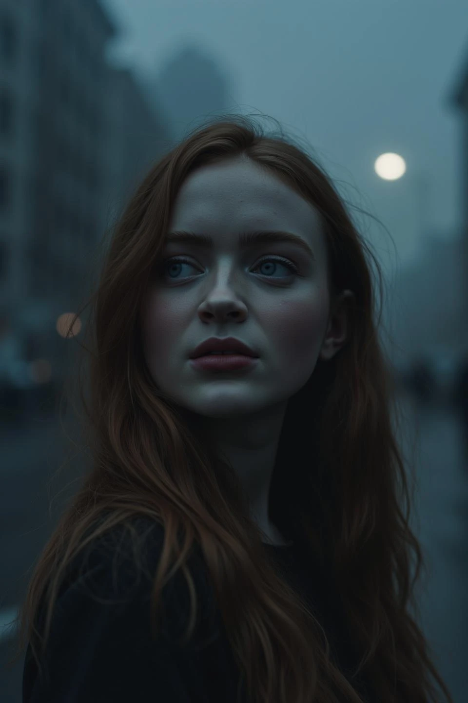 A mesmerizing close-up photograph presents a hauntingly beautiful scene of a young woman with long brown hair, standing alone in a dark and foggy city street. The solitary glow of a single streetlamp casts an ethereal light upon her face and frame. Her eyes gaze intently off into the distance as she appears lost in thought or contemplation. The urban backdrop is shrouded in heavy fog, adding to the eerie atmosphere that surrounds both woman and cityscape. Subtle details emerge from within this chilling scene: dewdrops on her lashes, individual hairs framing her face, and creases around her eyes betraying signs of emotion. The photograph captures an intimate moment in time, highlighting the raw beauty and vulnerability of the woman amidst the dark and ominous setting that envelops them both. File Name: IMG_20231005_0016.jpg File Size: 25.4 MB File Type: JPEG Camera Make: Sony Camera Model: A7R IV Date Taken: 2023:10:05 14:30:00 Image Width: 9504 px Image Height: 6336 px Orientation: Normal Exposure Time: 1/200 sec Aperture: f/2.8 ISO: 100 Focal Length: 35 mm Image Stabilization: On