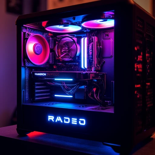 Radeon RX 7900 XTX Seen inside a futuristic gaming PC case with colorful RBG and LED lighting with the words "RADEO" glowing in the graphics card in bright white. realistic, 4K