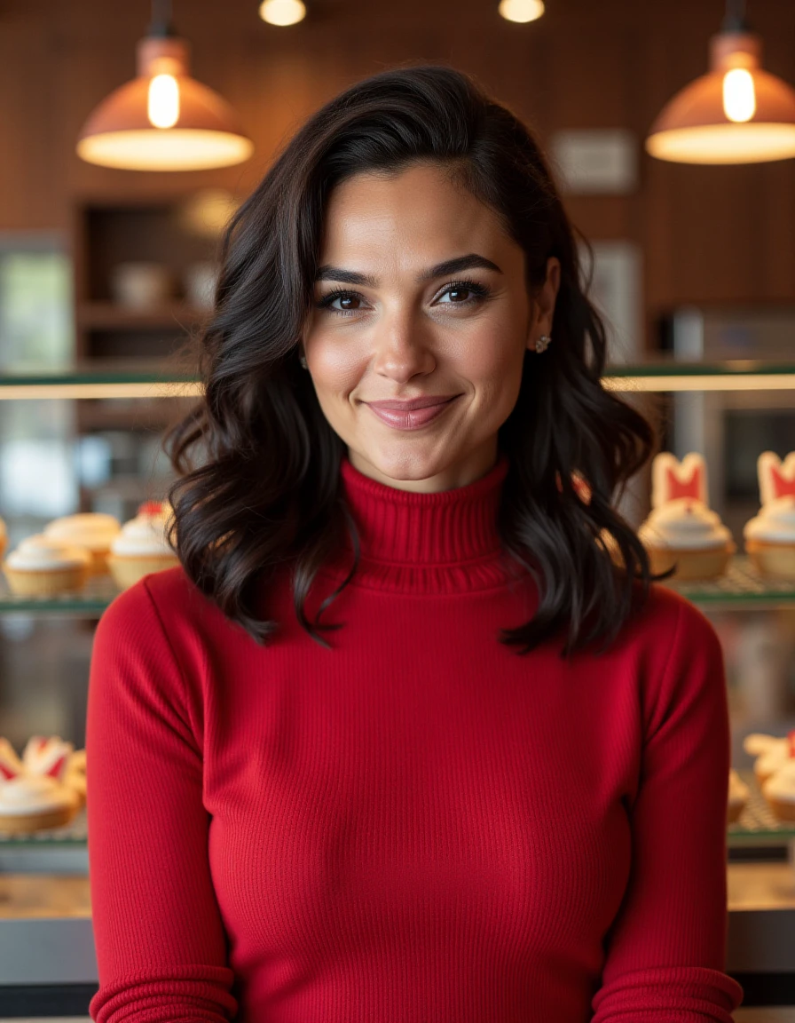 <lora:64164d0t_13F1D-000013:0.9>,(medium closeup) photograph of (beautiful 32 year old) (64164d0t:1.2) woman with dark hair,as a pastry chef,wearing a red turtleneck sweater dress,standing behind the counter of a (New York City bakery:1.1),with (animal shaped pastries in display case),looking at viewer,smiling,variety magazine photoshoot, face focus,(bokeh),facing viewer,rich details,clear shadows and highlights,realistic,highly detailed,