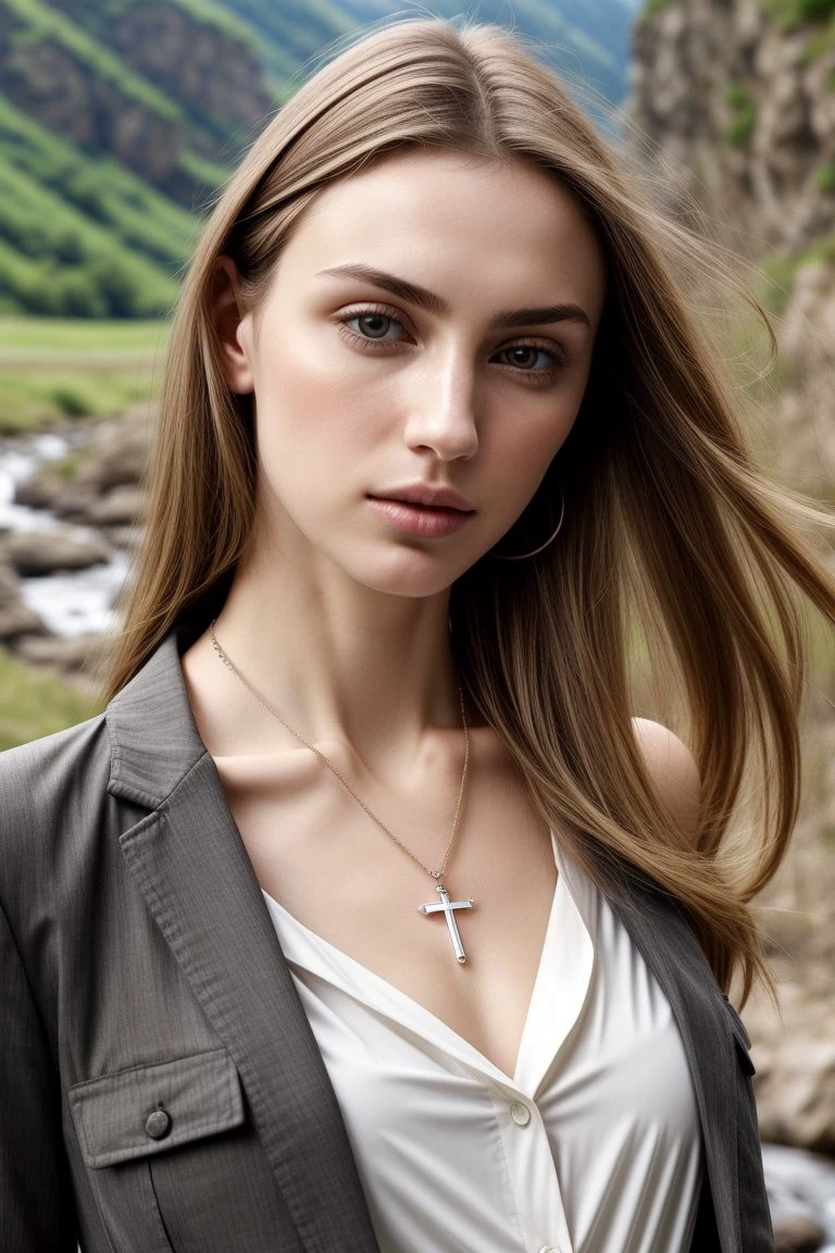 European woman, closeup, (shirt), pants, (forest river), cross necklace , ZM_genowefa, wide shoulders, perfect face, (contact iris: 1.1), pale skin, skin pores , depth of field