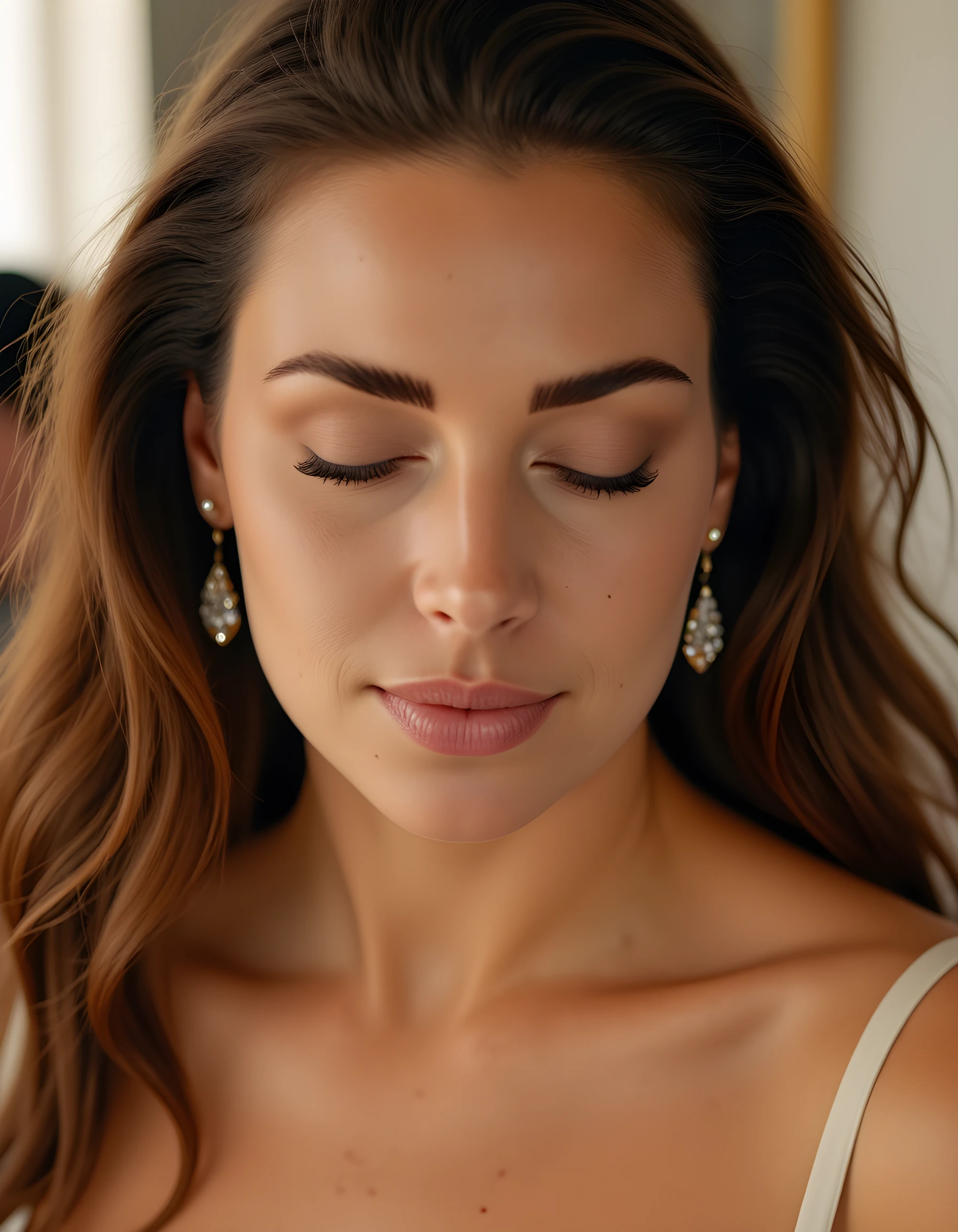 D3N1C3A, A close-up, intimate portrait captures a stunning woman, her eyes closed in a moment of serene contemplation, as she gazes intently at the viewer. Her hair cascades down her back like a rich, chestnut waterfall, adorned with sparkling earrings that catch the soft, warm light filtering through the room. The image focuses on her upper body, revealing the delicate straps of her Sunday best outfit, the neckline dipping just enough to showcase her freckled shoulders and bare arms. Her lips are slightly parted, as if ready to speak a secret, and her teeth glimmer softly against her rosy cheeks. The background is intentionally blurred, allowing the focus to remain solely on this enchanting woman, her closed eyes, and the subtle hint of a smile that plays upon her face. The emotional tone is one of quiet confidence and gentle strength, a testament to her inner beauty and grace.