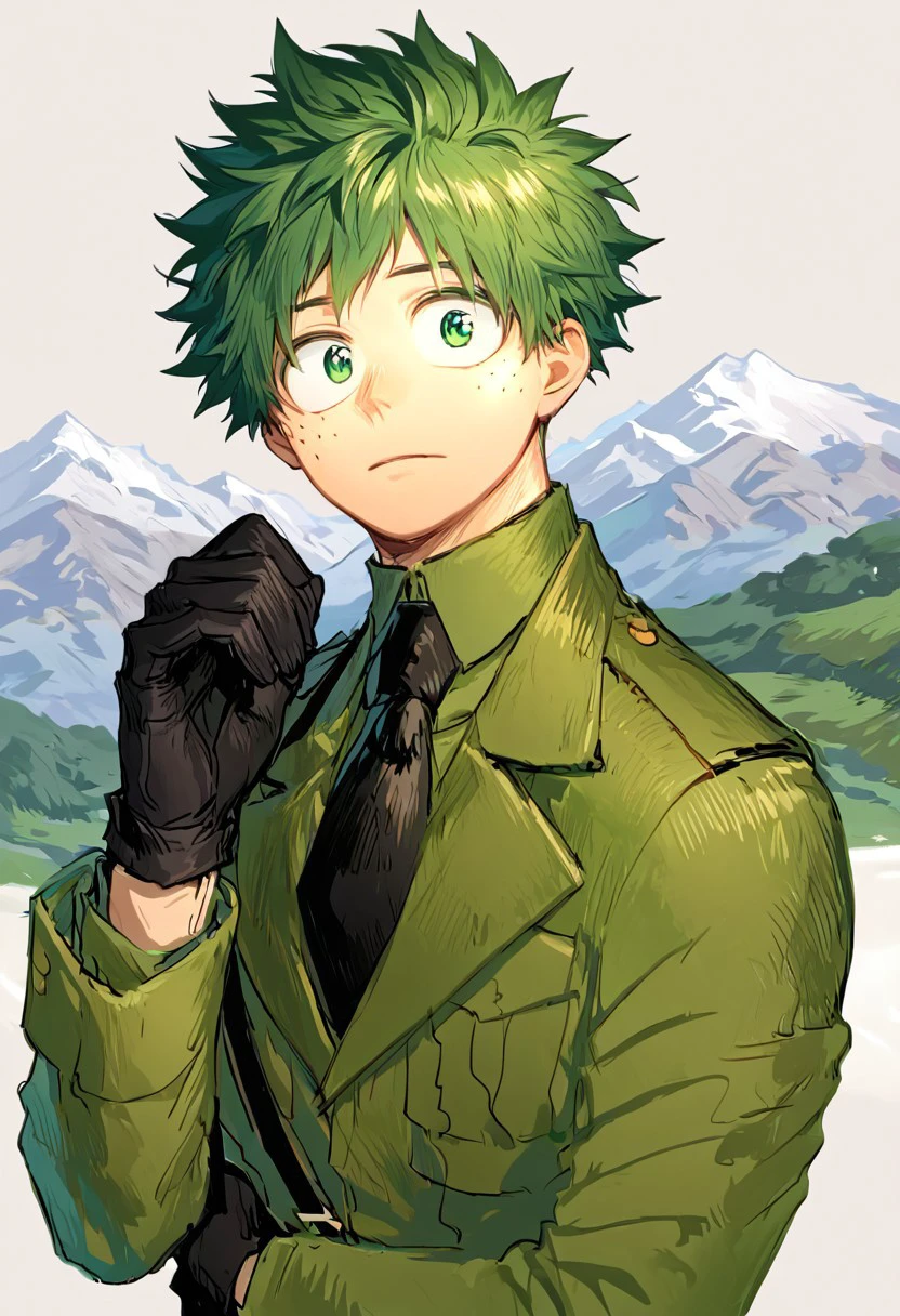 score_9, score_8_up, source_anime, highly detailed, highly detailed eyes, 
 black necktie, male focus,black gloves,solo, military, military uniform,deku,green hair,green eyes,short hair,freckles,professional portrait, mountain, nature,mountainous horizon, standing, full body, portrait frame