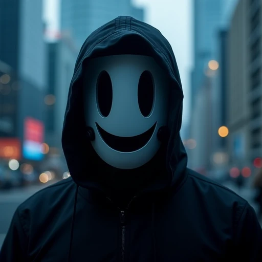 with their face covered by a highrise_mask. The lighting is soft and diffused, showing a wide, and the modern cityscape serves as the background., In a dark scene