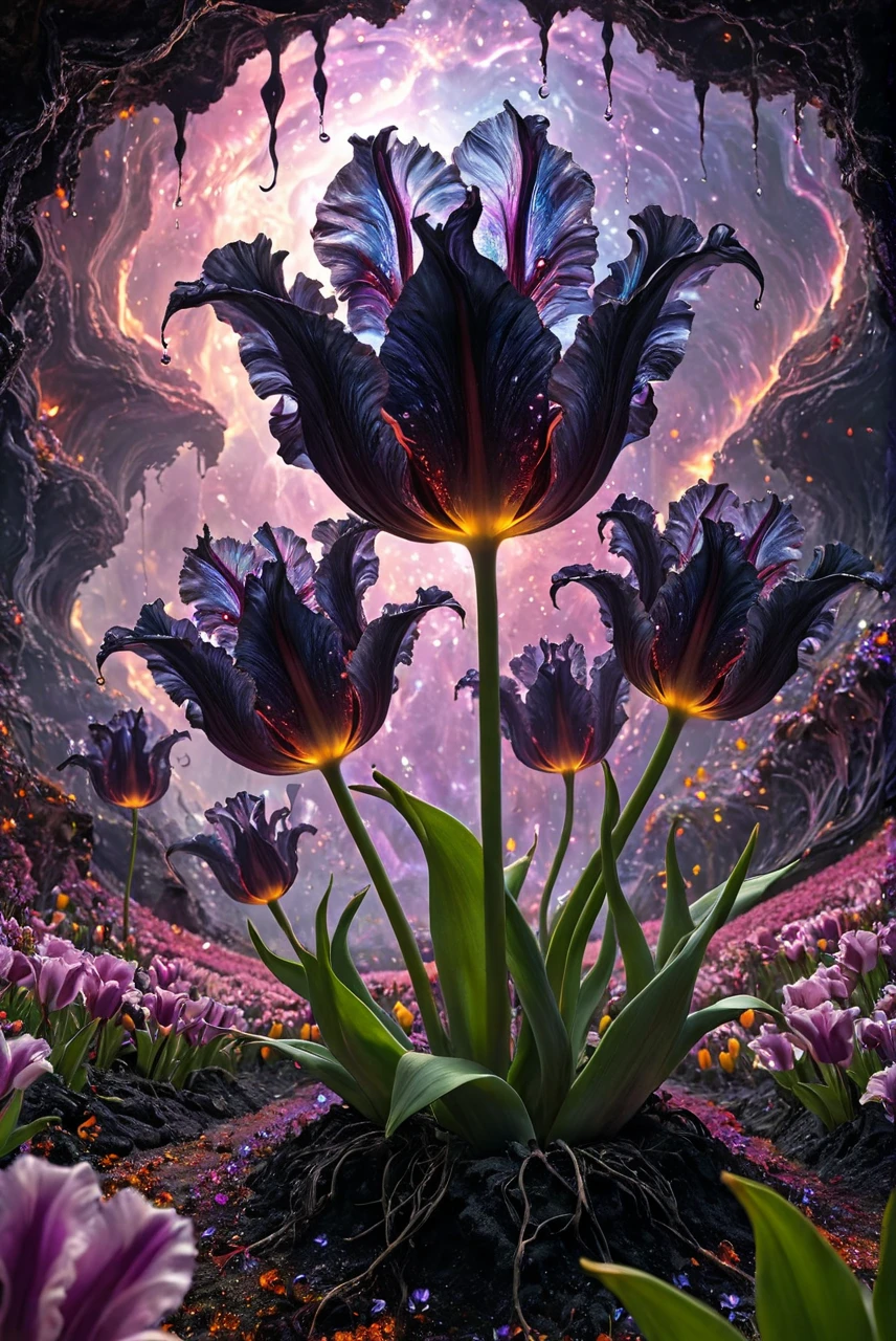 analog photo,photoart_style,realistic,film grain,4k,sea of flowers, aesthetic, twisted glass of alien flowers frilled tulips dripping black Purple violets, vines Lava oil slick. LED lights. Scifi, fantastical, hyperdetailed complementary colors, fractal mandelbulb, detailed matte painting, deep color, fantastical, intricate detail, splash screen, complementary colors, fantasy concept art,volumetric natural light, epic atmosphere,perfect composition, highly detail, enchanted,deep rich vivid colors, perfect symmetry, great composition, complimentary colors, beautiful elegant stylish, intricate detail