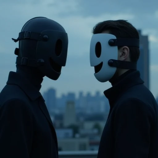 standing on a rooftop with a cityscape in the background, their expressions tense as they face off under the mask's cold, with its minimalistic features, A close-up shot reveals a highrise_mask with a distressed expression. The lighting is dim