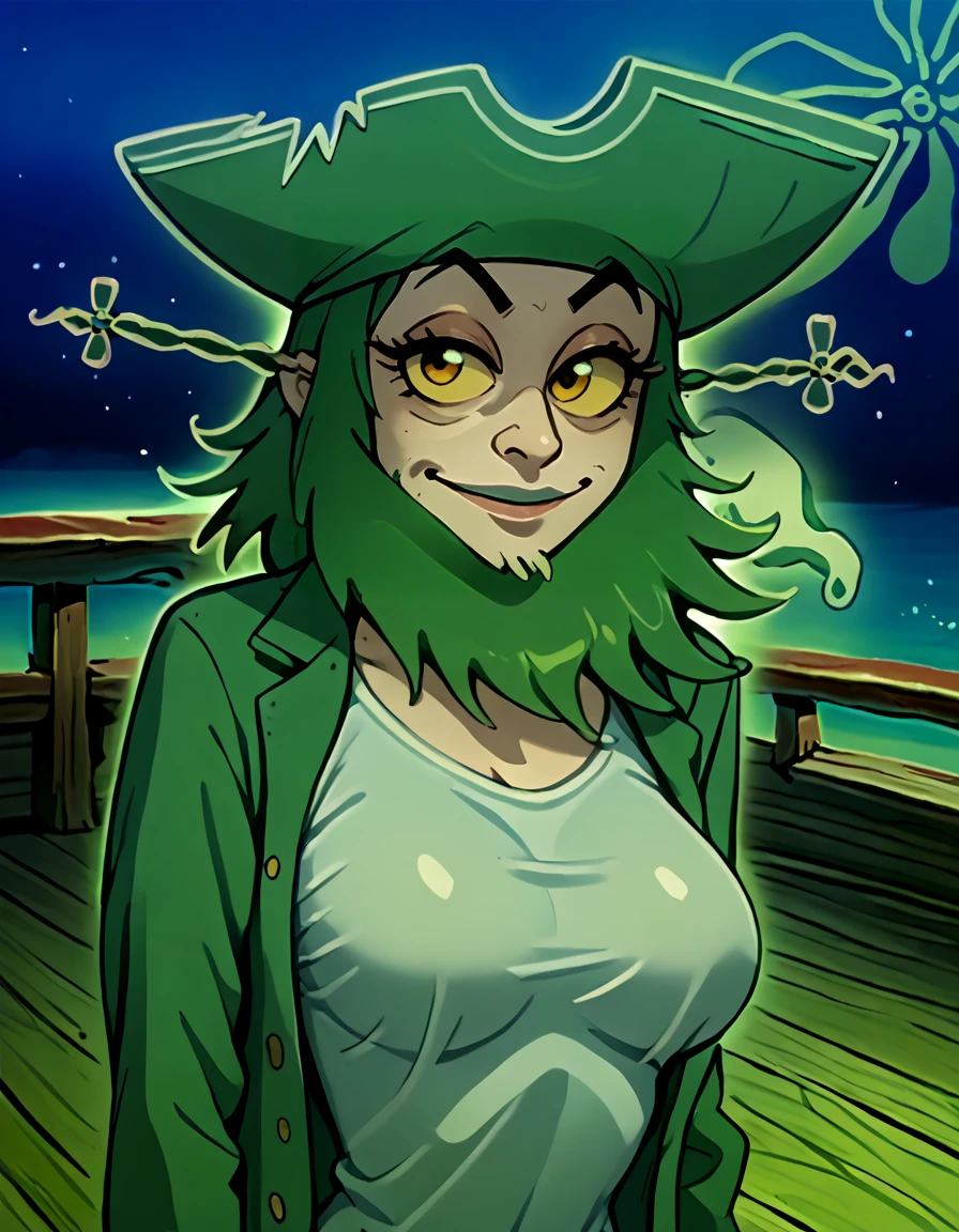 <lora:Flying_Dutchman_PONY:1.1> 1girl, ghost, pirate, ghost pirate, beard, (facial hair:1.2), green-glowing transparent, transparent, tattered clothes, coat, ghost tail,  content, portrait, looking at viewer,  upper body, breasts, female,, source_cartoon, score_9, score_8_up, score_7_up, score_6_up, score_5_up, score_4_up,