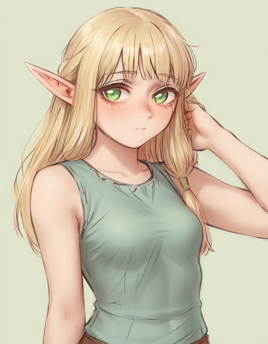 <lora:Shpo_test:1>shpo, 1girl, blonde hair, elf, pointy ears, green eyes, sleeveless shirt, shy, looking to the side, one hand in hair , simple background