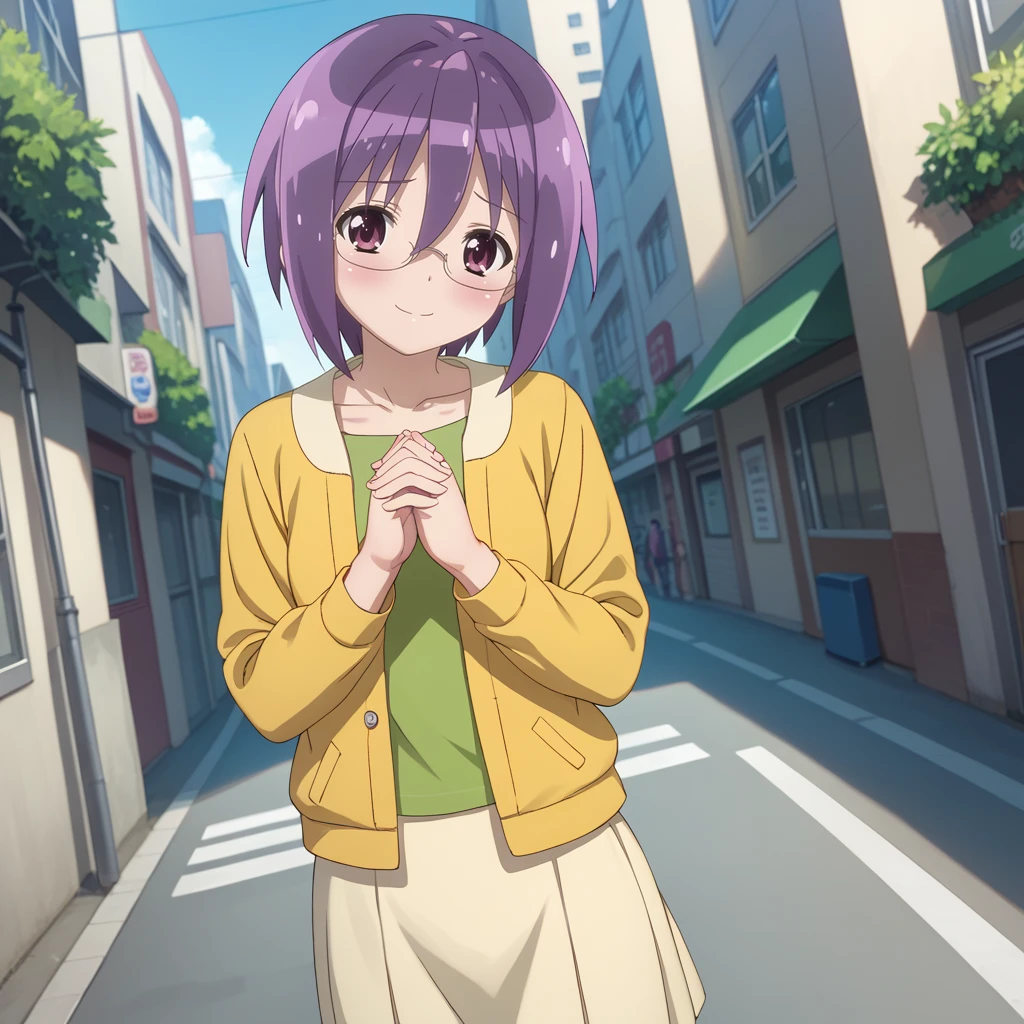 score_9, score_8_up, score_7_up, 1girl, solo, uncensored, futabaichinose, smile, closed mouth, shy, looking at viewer, own hands together, standing, glasses, dutch angle, short purple hair, green shirt, yellow jacket, white skirt, outdoors, street, city, day <lora:FutabaIchinoseXL_v1.0:1>