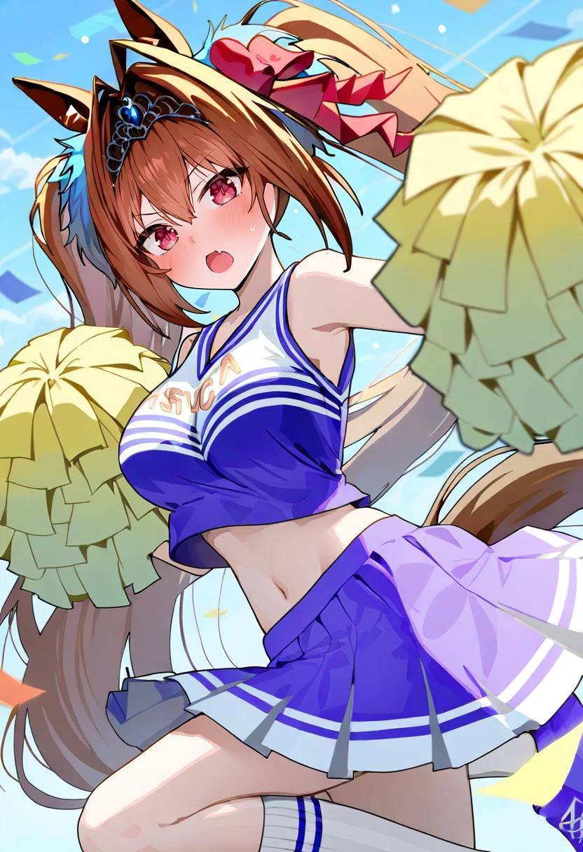 <lora:ningenMameXL_il_lokr_V53P1:0.95> 1girl, daiwa scarlet \(umamusume\), solo, long hair, brown hair, pom pom \(cheerleading\), horse ears, skirt, horse girl, twintails, hair intakes, tiara, animal ears, cheerleader, very long hair, tail, breasts, open mouth, horse tail, navel, blush, socks, kneehighs, fang, pleated skirt, midriff, red eyes, looking at viewer, crop top, sleeveless, confetti, bangs, white socks, shirt, large breasts, sleeveless shirt, bare shoulders, holding, skin fang, purple skirt, holding pom poms, sky, bow, blue sky, shoes, red bow, hair bow, sneakers