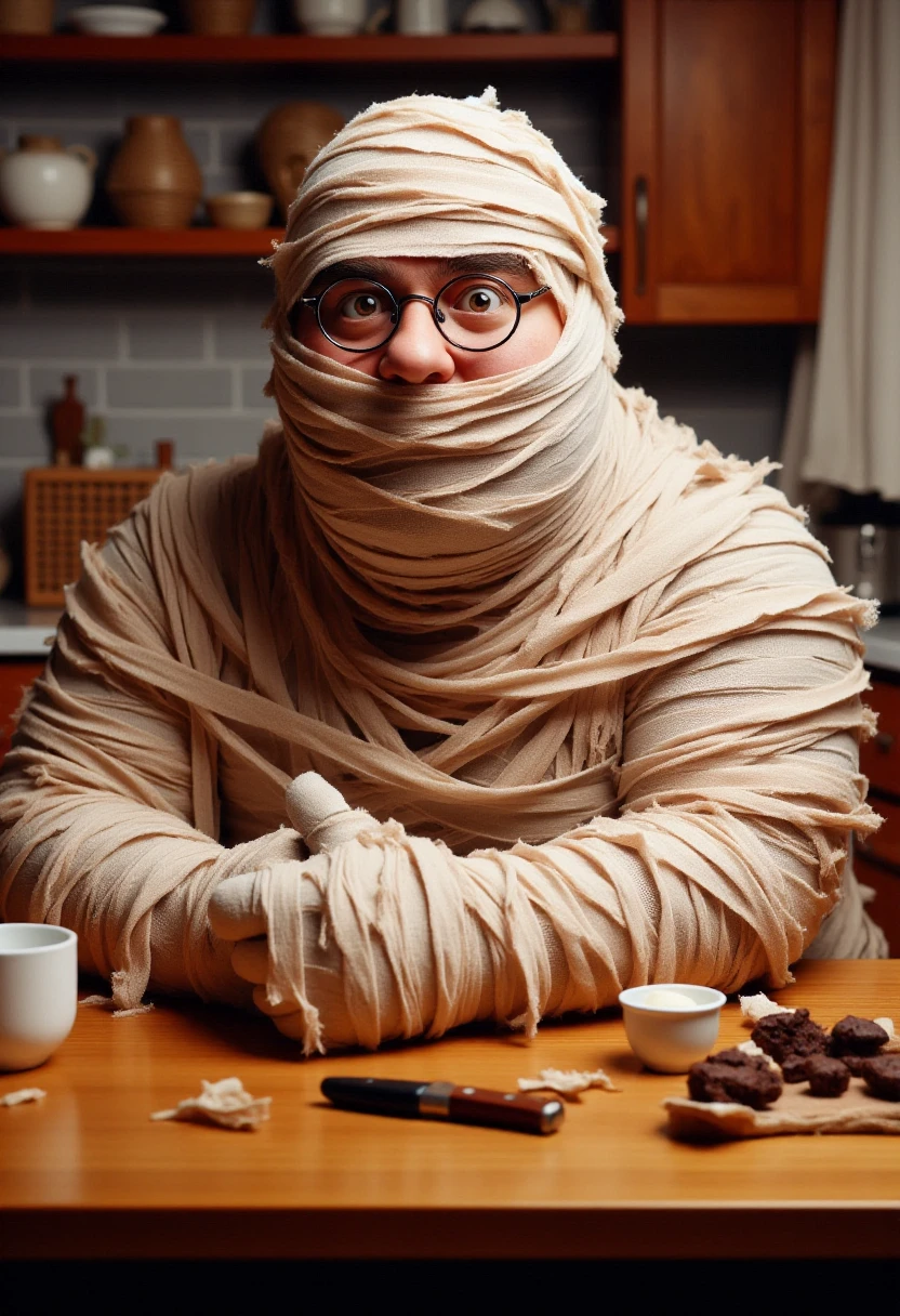 <lora:Mummifier_FLUX:1> 
The image is a high-resolution photograph featuring Peter Griffin dressed as a mummy sitting at a kitchen table. The fabric is rough and textured, with visible seams and frayed edges, giving it a realistic, worn appearance.