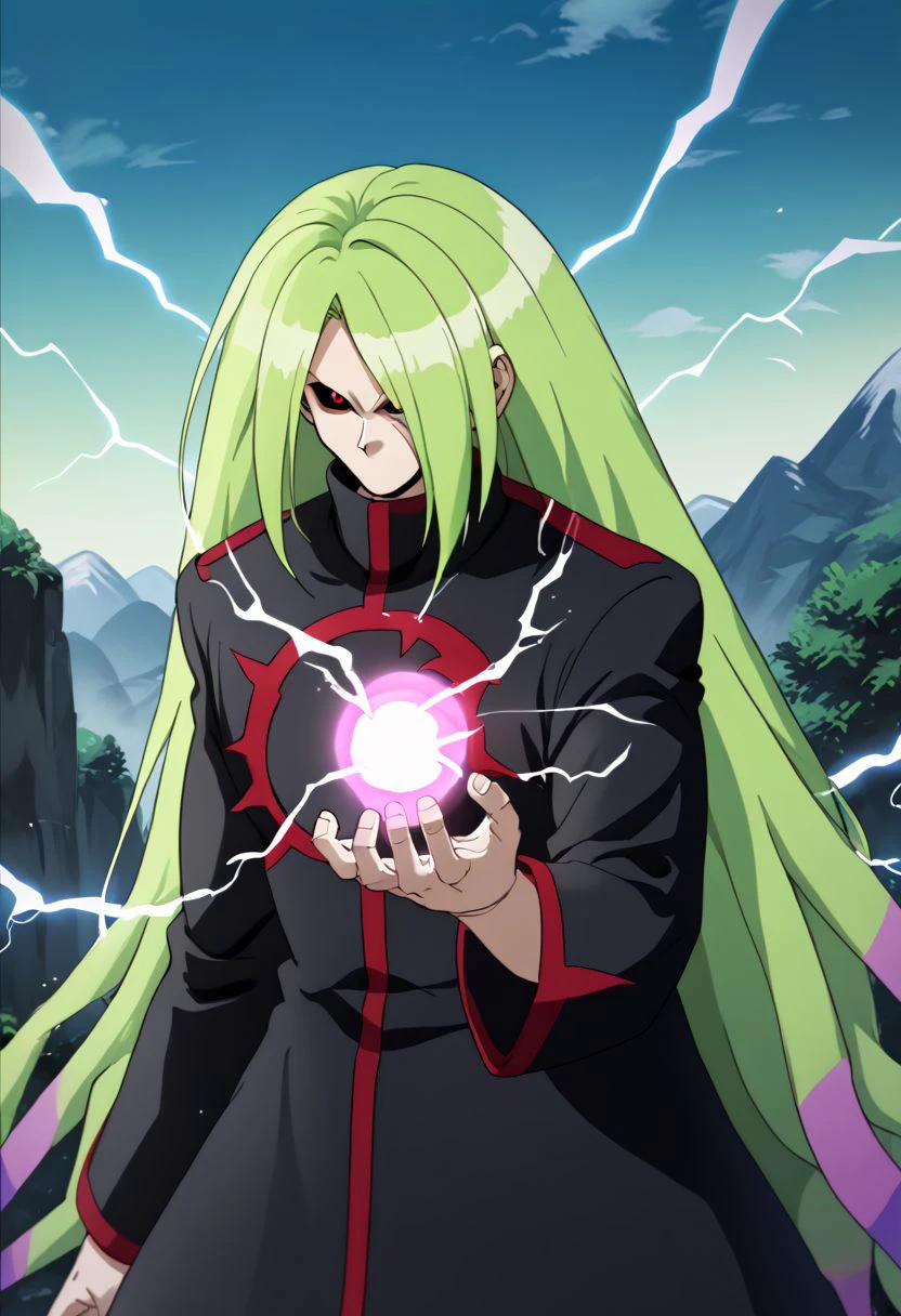 score_9, score_8_up, score_7_up, source_anime, anime screenshot, 1boy, male focus, solo, Shuryou, green hair, gradient hair, two-tone hair, long hair, very long hair, hair over one eye, black sclera, red eyes, black robe, emblem, looking at viewer, outdoors, mountains, no eyebrows, upper body, ((no mouth)) <lora:Gospel-Shuryou:0.8>  <lora:kamehameha charge stance:0.8> ((charge stance, kamehameha charge stance, energy ball, aura, electricity))