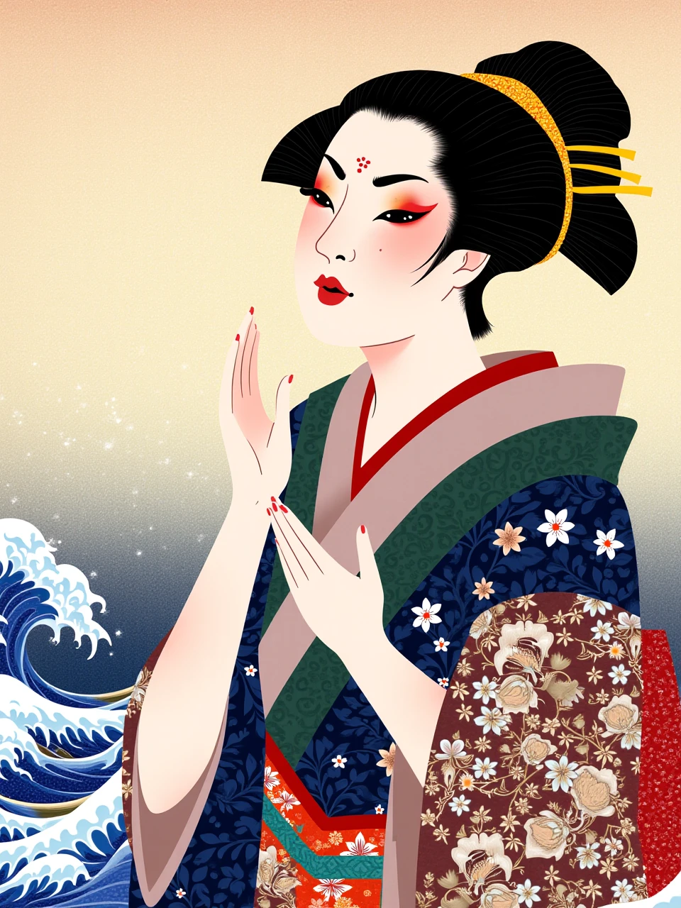 This is a work of ukiyo-e. Portrait of a Japanese woman in kimono.Ukiyo-e style pier and waves background.