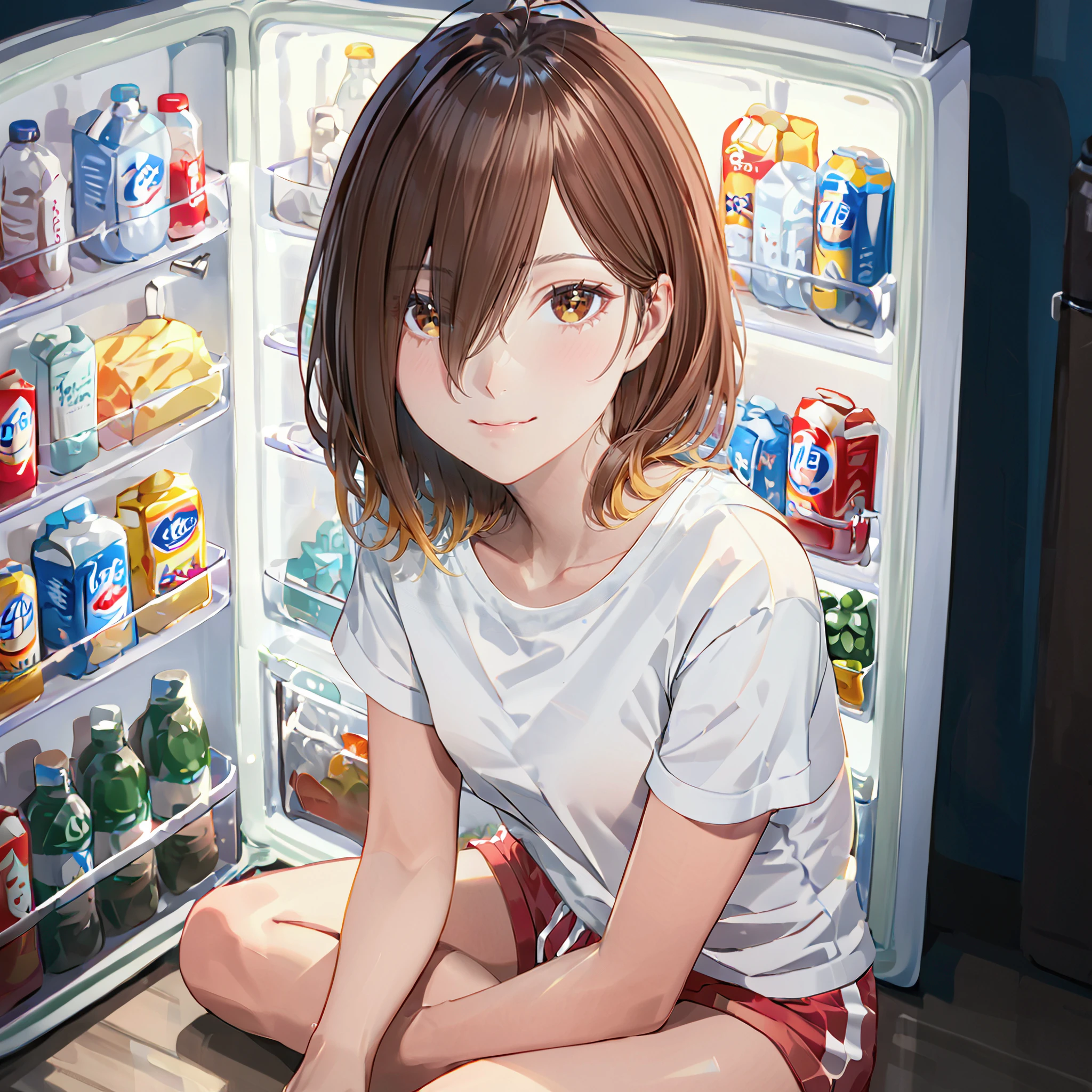 1girl, brown hair,yellow colored tips,brown eyes, (medium hair:1.2), swept bangs,hair over one eye, (white oversized t-shirt:1.4),red tracker shorts, small breasts, (jitome:1.3), light smile, shiny skin, sitting on floor, (looking at viewer:1.1), 
(fridge:1.2),blue background,indoor, blurry background
[(realistic:1.2)::0.1],
masterpiece, best quality, very aesthetic, absurdres,
<lora:Fixhands_anime_bdsqlsz_V1:1>,<lora:Curl_inward_hair-Pony:0:1>, <lora:Fridge:1:lbw=OUTALL:stop=15>
 zPDXL2