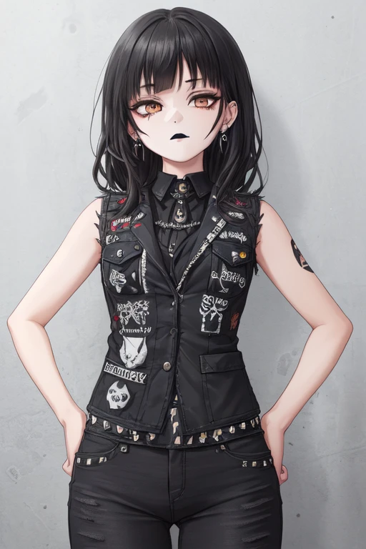 <lora:dsbtlvst-14:0.6> dsbtlvst, denim vest, black and white patches, black jeans, hands on hips, 1girl, goth, messy black hair, brown eyes, black lipstick, eyeliner, stud earring, small breasts