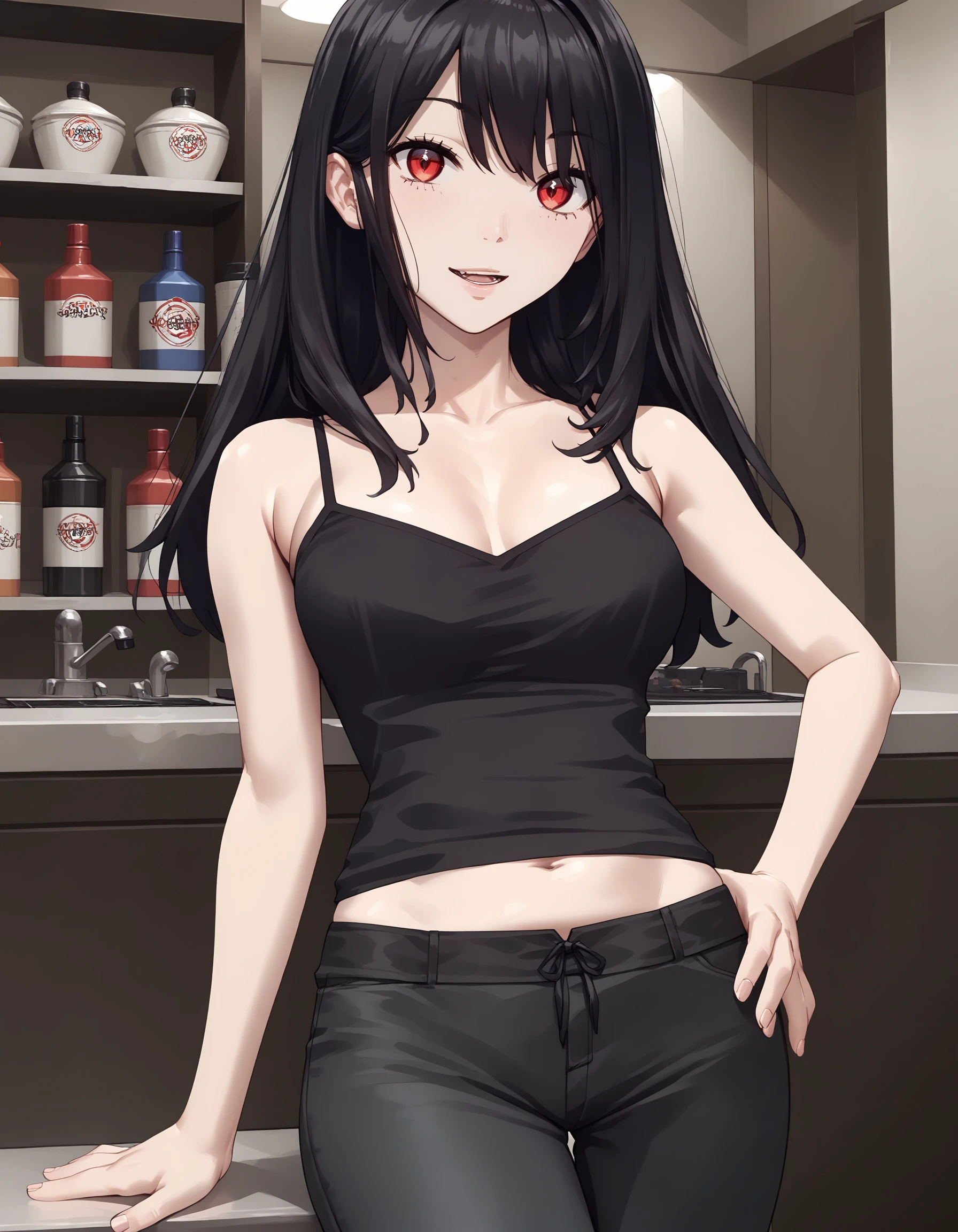 score_9, score_8_up, score_7_up
BREAK 1girl, <lora:MikaXL-v3:0.9>, m1ka, black hair, long hair, red eyes, <lora:Camisole1XL-v1-03:0.8>, black camisole, stomach, black pants, looking at viewer