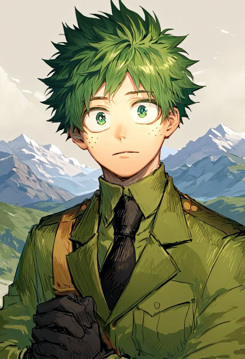 score_9, score_8_up, source_anime, highly detailed, highly detailed eyes, 
 black necktie, male focus,black gloves,solo, military, military uniform,deku,green hair,green eyes,short hair,freckles,professional portrait, mountain, nature,mountainous horizon,