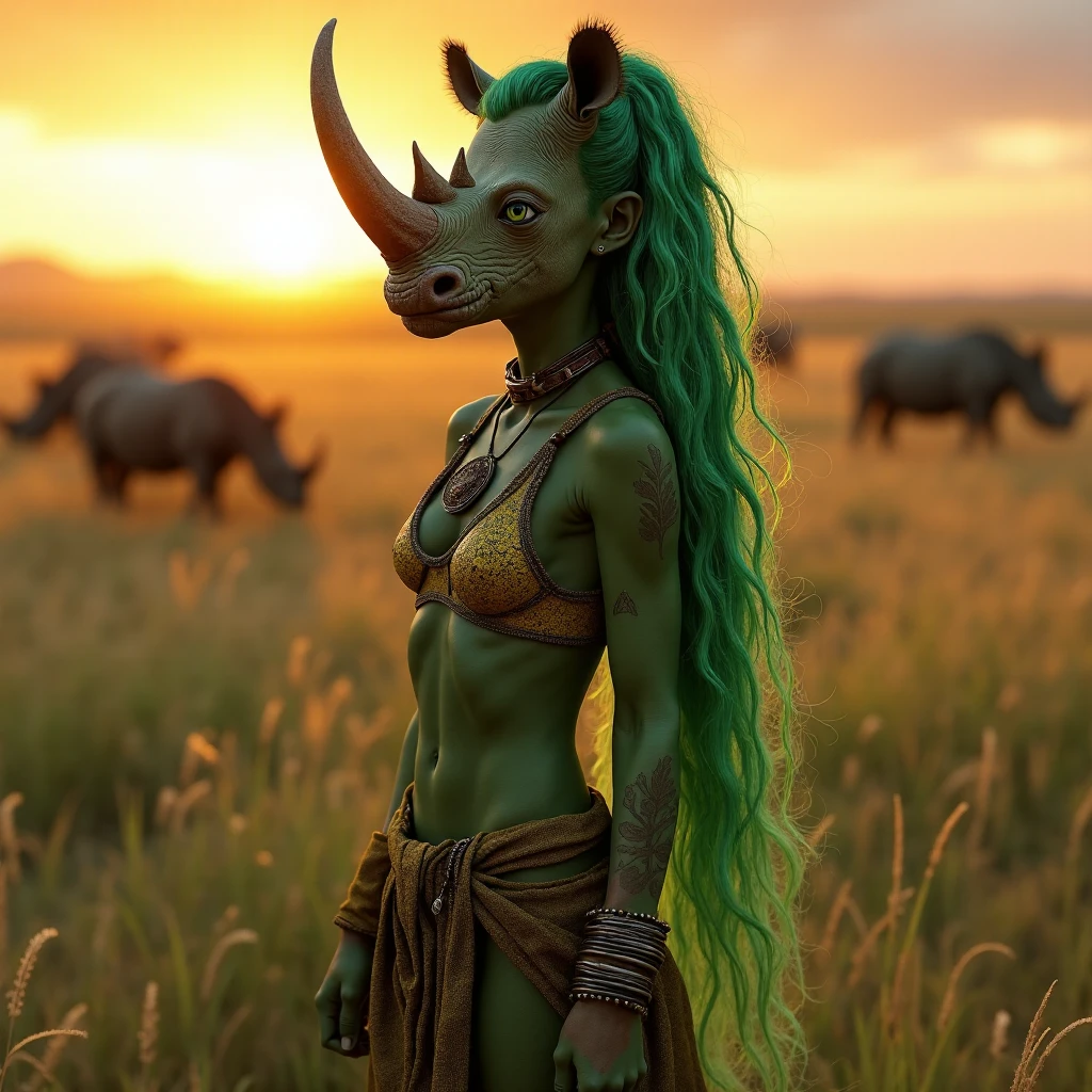 Extremely realistic and ultra detailed, An awe-inspiring 18-year-old girl standing tall and fierce on the boundless plains of South Dakoda. Her skin is a vibrant emerald green, akin to the lush vegetation that surrounds her, while her eyes gleam with the intensity of the setting sun. Her long, wavy hair is the same verdant hue as her skin, and it's thrown back in a wild fashion, revealing her youthful yet powerful features. Her body is that of a human, yet it's clear that she is more than mere mortal—she is Beast Girl, a teen titan of mythic proportions. Her physique is a harmonious blend of human grace and animal might, with a pronounced muscular structure and a proud stance that speaks of her inherent strength. The most striking aspect of her form is the imposing rhinoceros horn that arcs from her forehead, a testament to her unique ability to harness the power of the beasts within her. The horn is not a separate piece but seems to have grown naturally from her skull, seamlessly merging with her identity. Her attire is minimal, a strategic combination of earthy fabrics and organic armor, allowing her unobstructed movement and showcasing her physique. The only visible weapon is her body itself, which is covered in intricate tribal tattoos that pulse with an inner light, hinting at her mystical bond with the animal kingdom. Her fists are clenched, and her bare feet dig into the rich, golden soil of the plains, ready to charge into battle. Behind her, the horizon stretches out, a canvas of oranges and purples as the sun dips below the horizon, casting long shadows that dance with the swaying grasses. In the distance, a herd of actual rhinoceroses can be seen, grazing peacefully, seemingly aware of her presence as their guardian and kin. The air is filled with the scent of the earth and the distant calls of wildlife, a symphony that seems to resonate with her very soul. Her gaze is sharp and focused, a silent declaration that she is both protector and predator, an embodiment of the primal forces that shape the land. Her very essence exudes a sense of belonging and dominance over this vast, untamed terrain, a true beast among beasts. raw, masterpiece, extreme ultra best picture, extreme ultra intricate creative detail, extreme hyper realistic detail, extreme ultra hyper photo realism, extreme ultra-hyper immersive visuals, extreme 3D realistic, ultra 4080p, HD, VFX, SFX, FKAA, TXAA, 4D RTX, 4D SSAO, close up