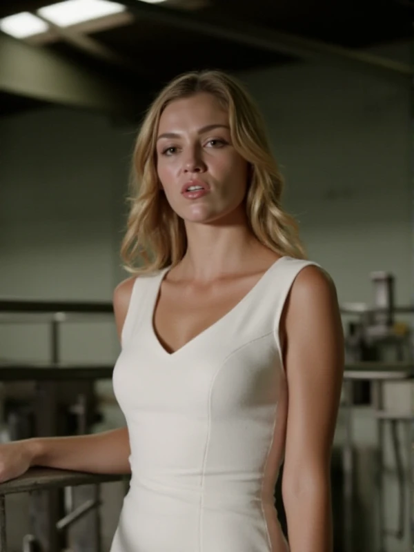 Rebecca Bowman is posing wearing a white business dress in a slaughter house <lora:Rebecca_Bowman:0.9>