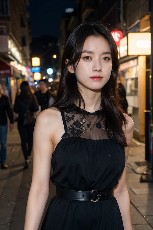 mature, (upper body:1.2), nikon RAW photo, 8 k, long hair, Fujifilm XT3,masterpiece, best quality, realistic, photorealistic, ultra detailed, extremely detailed face, solo,1girl, looking at viewer, standing, close up, black dress, walking, at the dark streets, moonrise, sleeveless, fabric clothes,