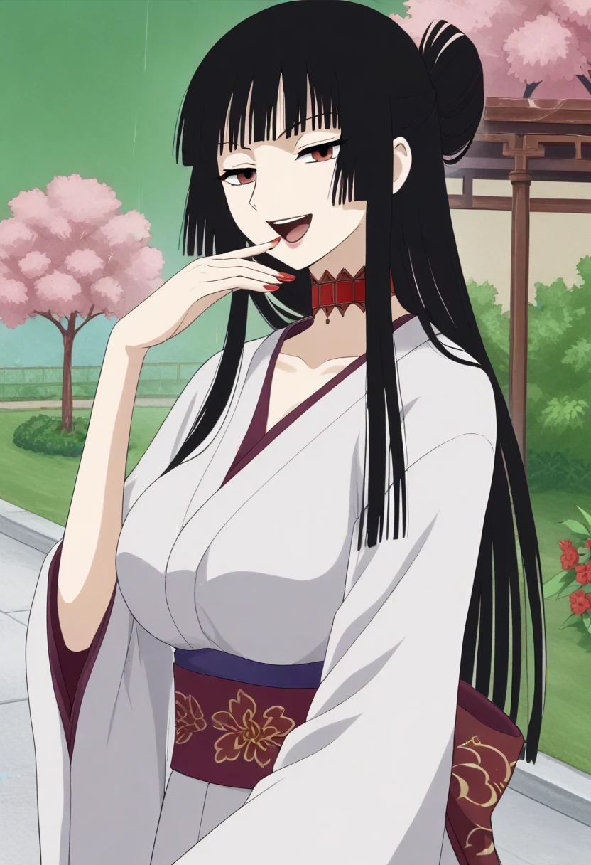 yuuko1, 1girl, solo, japanese clothes, black hair, kimono, long hair, single hair bun, hime cut, hair bun, bangs, large breasts, evil smile, manure female, blunt bangs, lips, nail polish, outdoors, rain, garden, flowers, tree, bush, ojou-sama pose, open mouth, looking at viewer, <lora:yuuko1-000006:1>   <lora:ojou-sama_pose _pony:1>