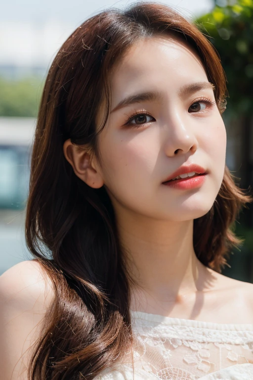 masterpiece, best quality, ultra-detailed, ultra high res, (photorealistic:1.4), raw photo, (realistic:0.2), 8k HDR, realistic cool temperature lighting, (asian:0.2), 1girl, solo, asymmetrical hair, outdoor, day, (simple background:1.2), bokeh, (detailed lips), (detailed pores), (detailed skin textures with pinkish tinge), (detailed face:1.2), (upper body:1.2), a woman in a white strapless tube dress, promotional image, a character portrait,