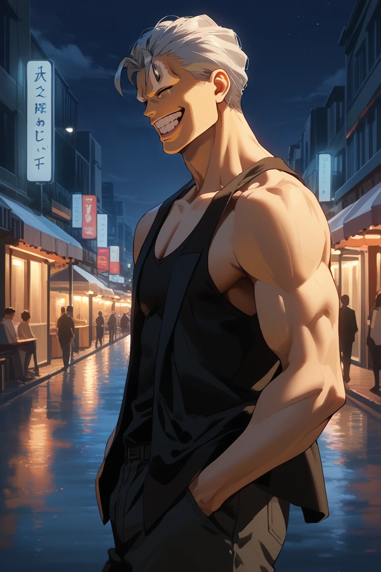 score_9, score_8_up, score_7_up, source_anime, rating_safe, night, dark, moonlight, natural lighting, male focus, manly, tank top, smiling, walking, hands in pocket, AndyUU, grey_Andy_slicked back hair, closed eyes, white_Andy_forehead mark, white_Andy_glass on forehead, teeth, grin, happy, 1boy, blurry outdoors city, from side, stylistic background, intricately detailed illustration, realistic shading, atmospheric perspective, depth of field